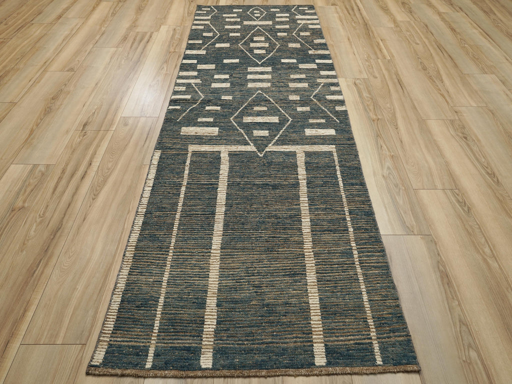 10 Ft Blue Moroccan Runner Rug - Afghan Handmade Wool Rug