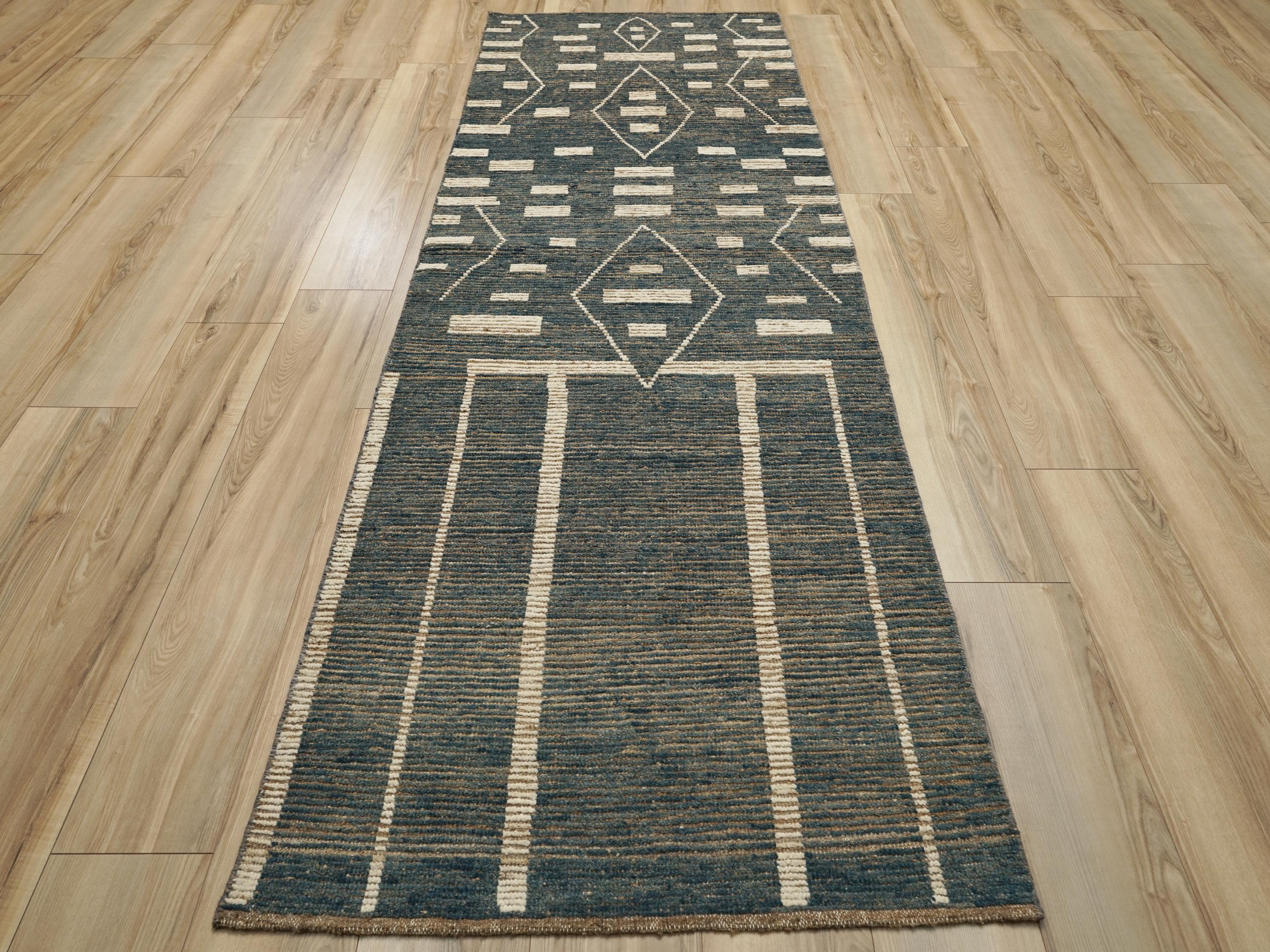 10 Ft Blue Moroccan Runner Rug - Afghan Handmade Wool Rug