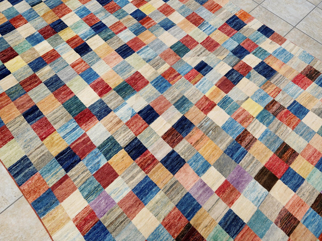 7x10 Multicolor Gabbeh Rug - Afghan Wool Area Rug - Geometric Design