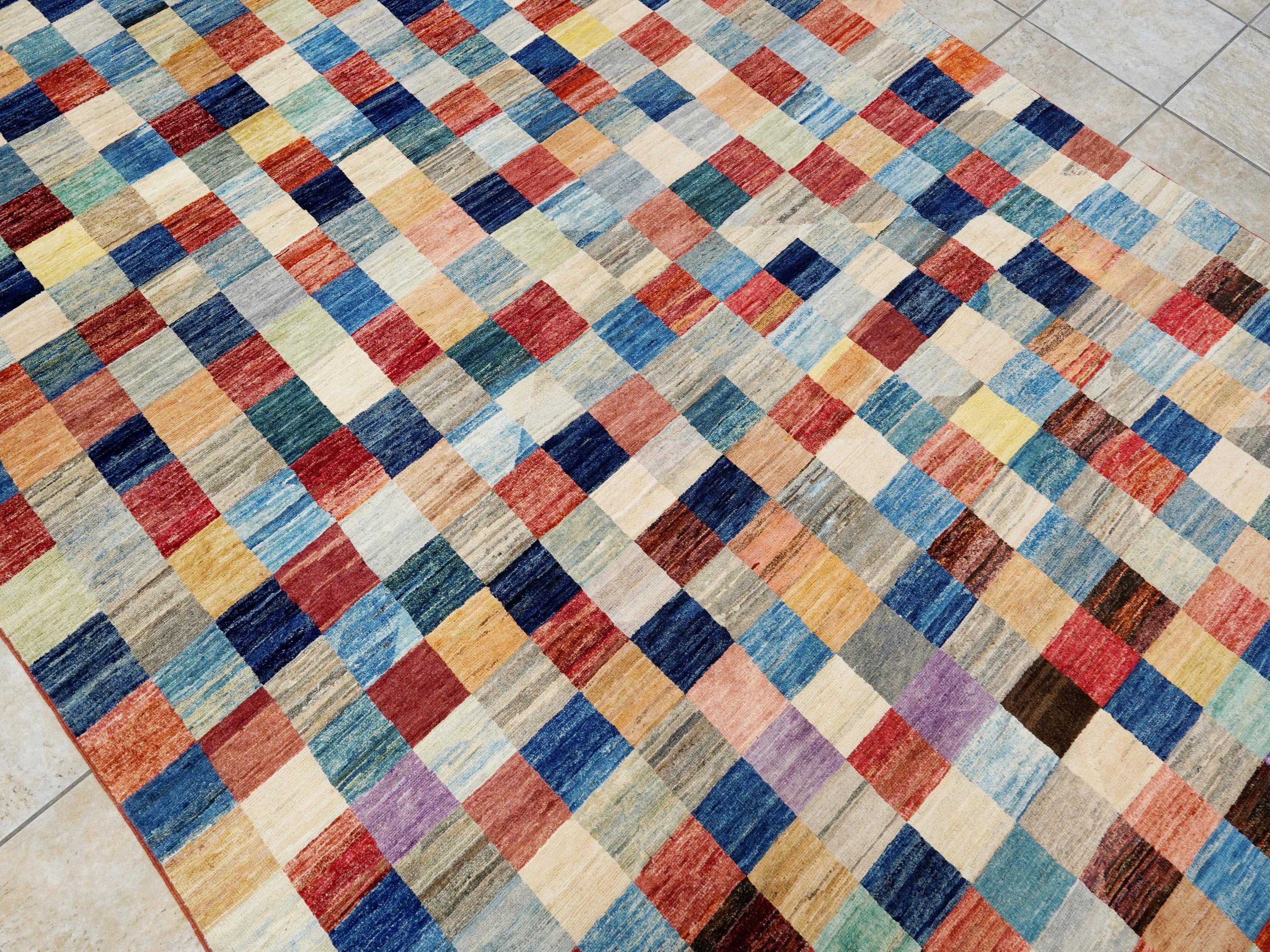 7x10 Multicolor Gabbeh Rug - Afghan Wool Area Rug - Geometric Design