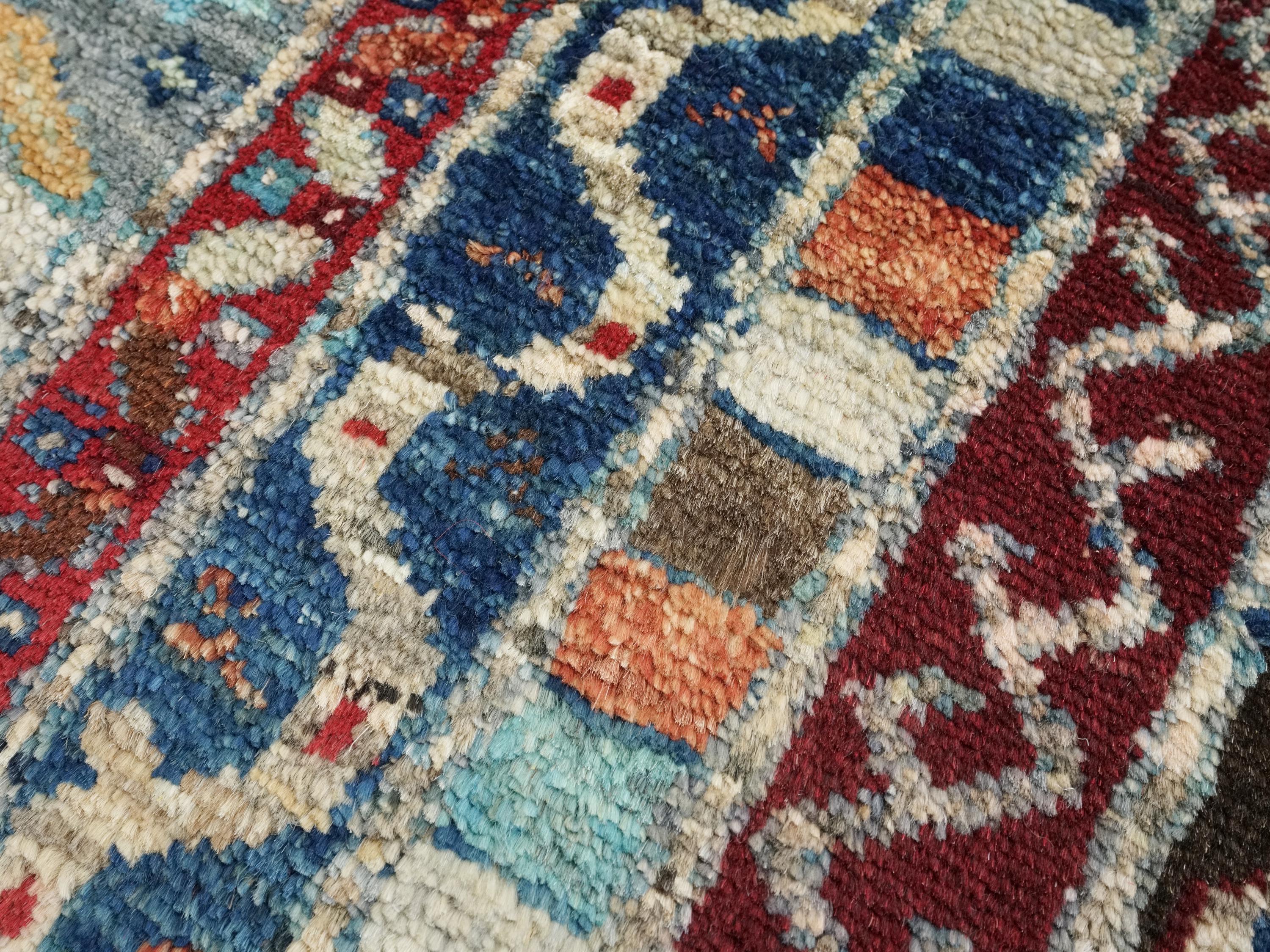 1x2 Ft Hand Knotted Heriz Rug - Beige & Blue Afghan Wool Doormat