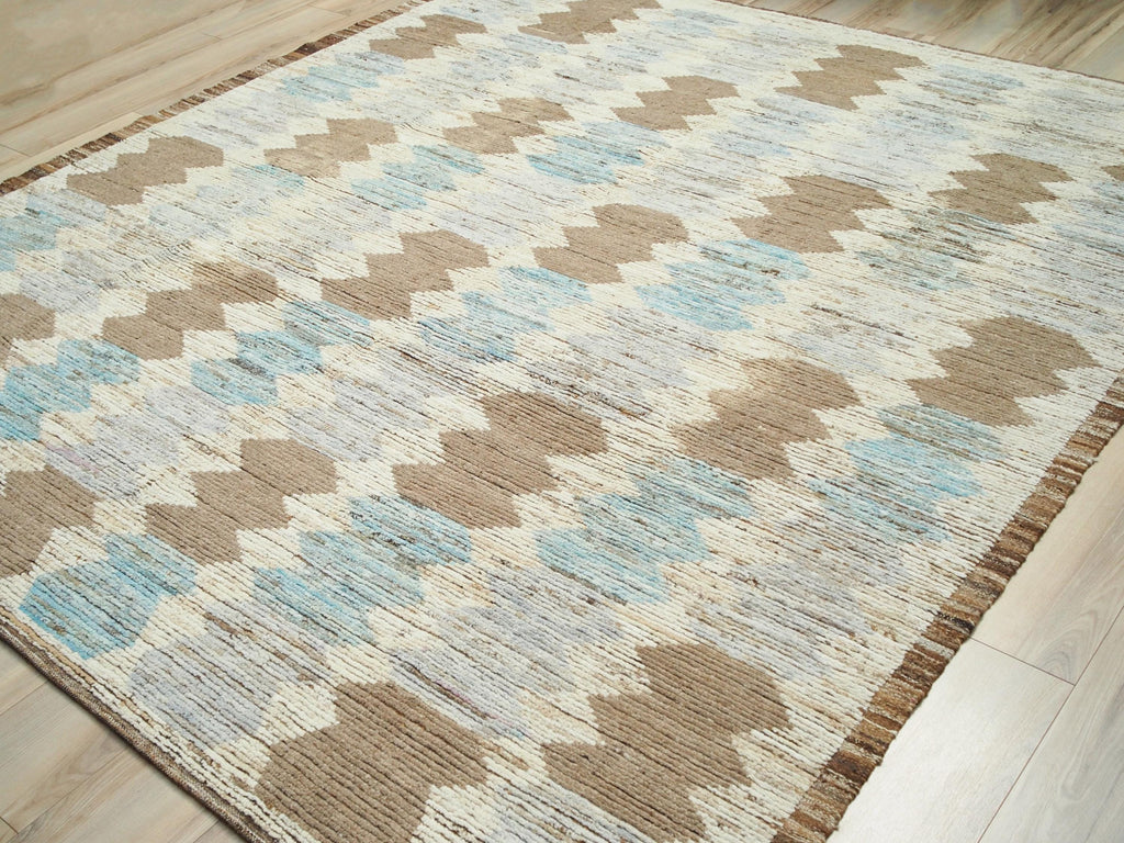 8x10 Ft Brown & Blue Moroccan Rug - Hand Knotted Wool Rug