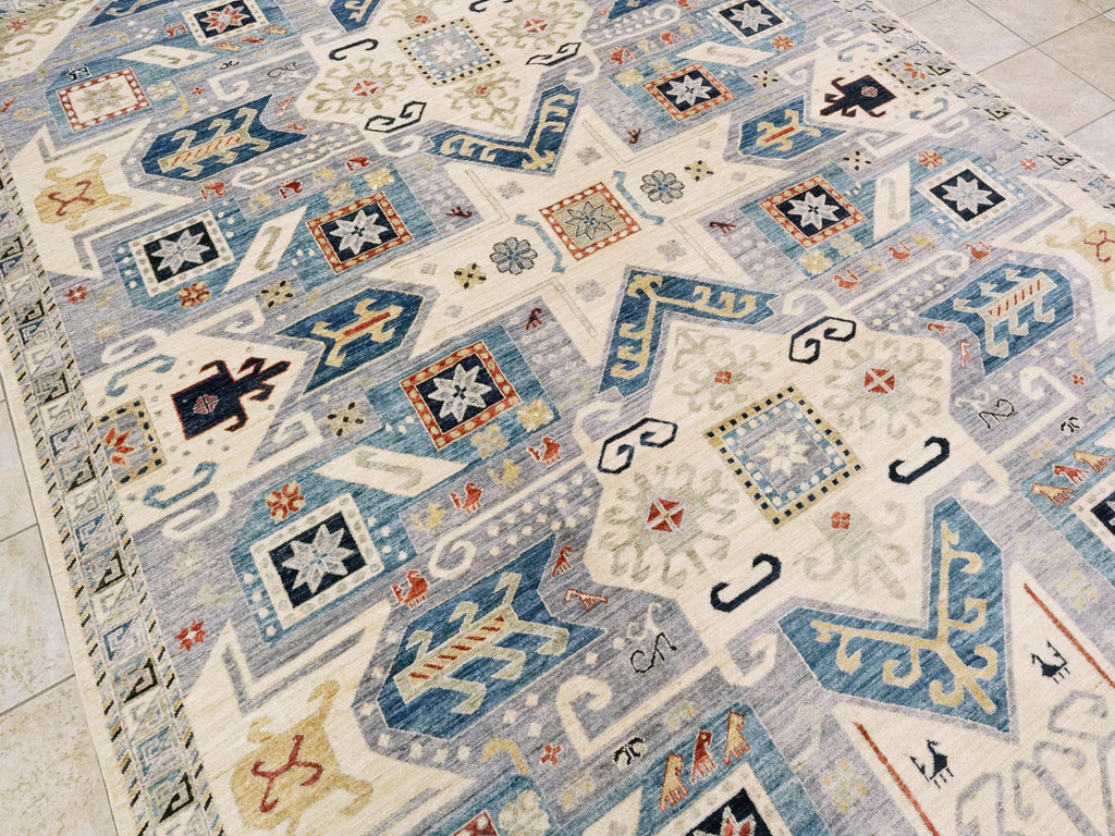 9x12 Ft Light Blue Heriz Rug - Traditional Hand Knotted Area Rug - Geometric Design