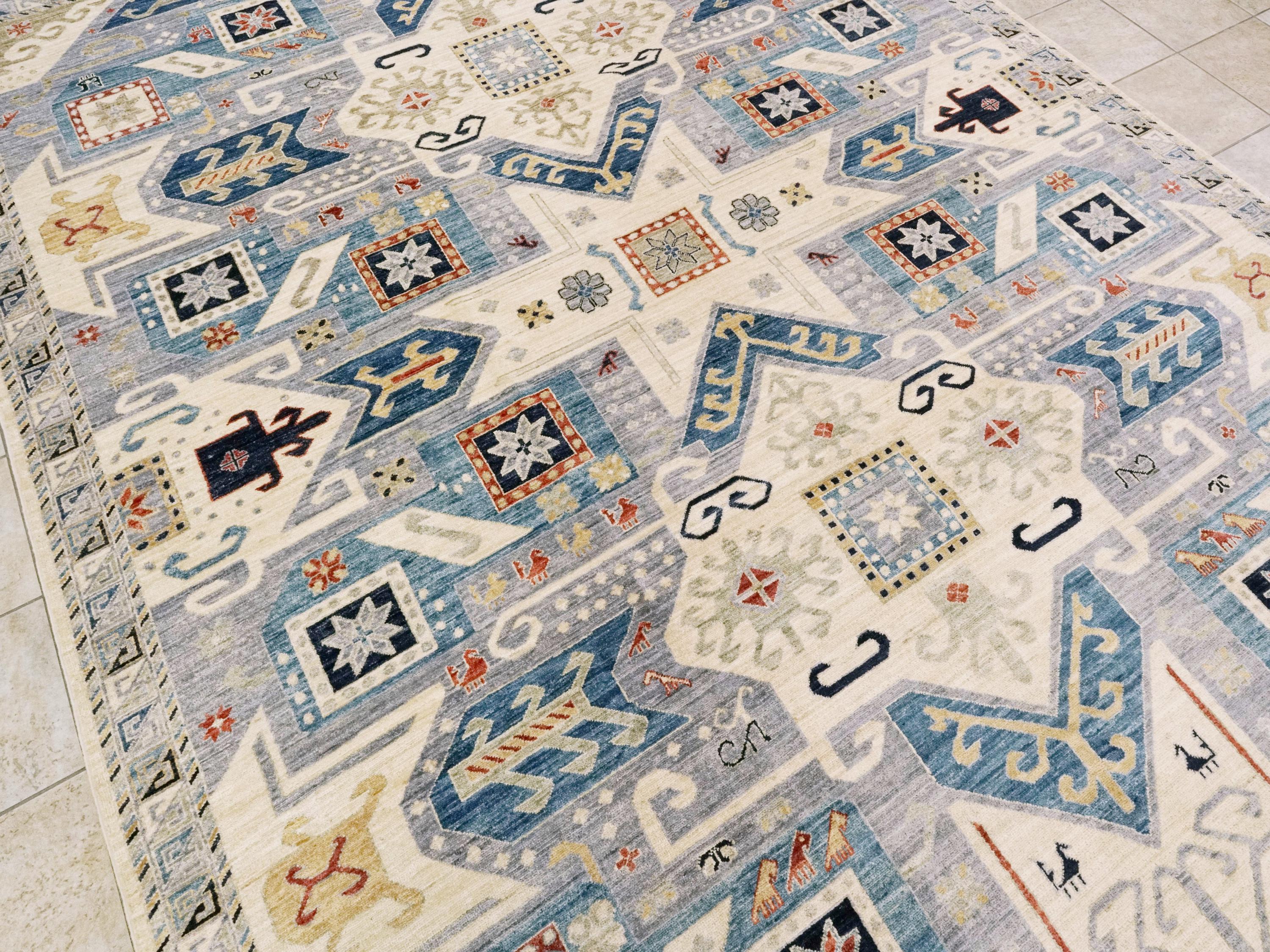 9x12 Ft Light Blue Heriz Rug - Traditional Hand Knotted Area Rug - Geometric Design