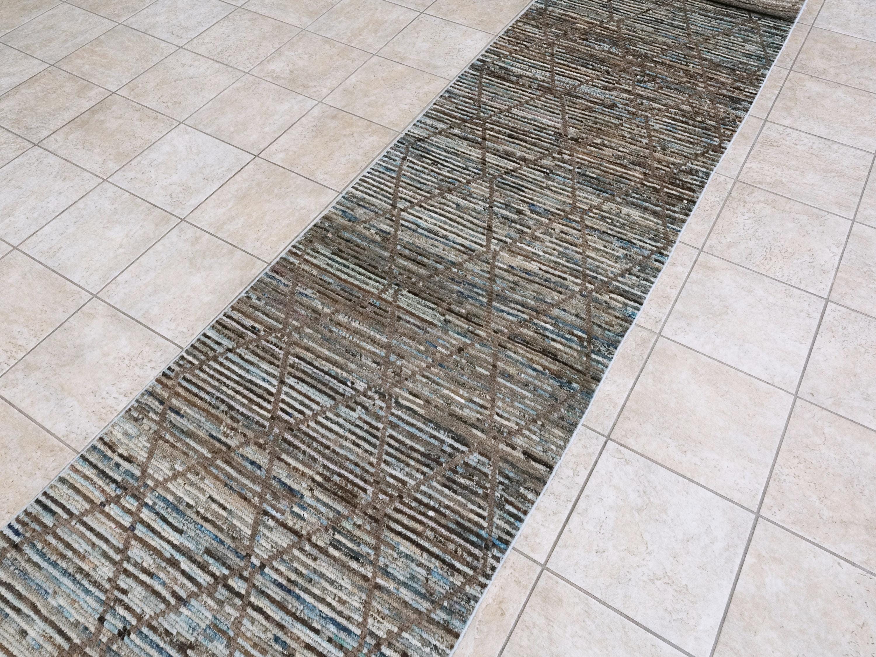 16 Ft Blue Moroccan Runner Rug - Afghan Handmade Hallway Rug - Contemporary Design