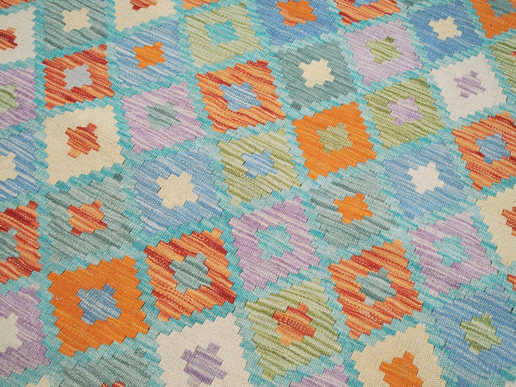 5x7 Ft Orange & Blue Kilim Rug - Handwoven Afghan Flat Weave
