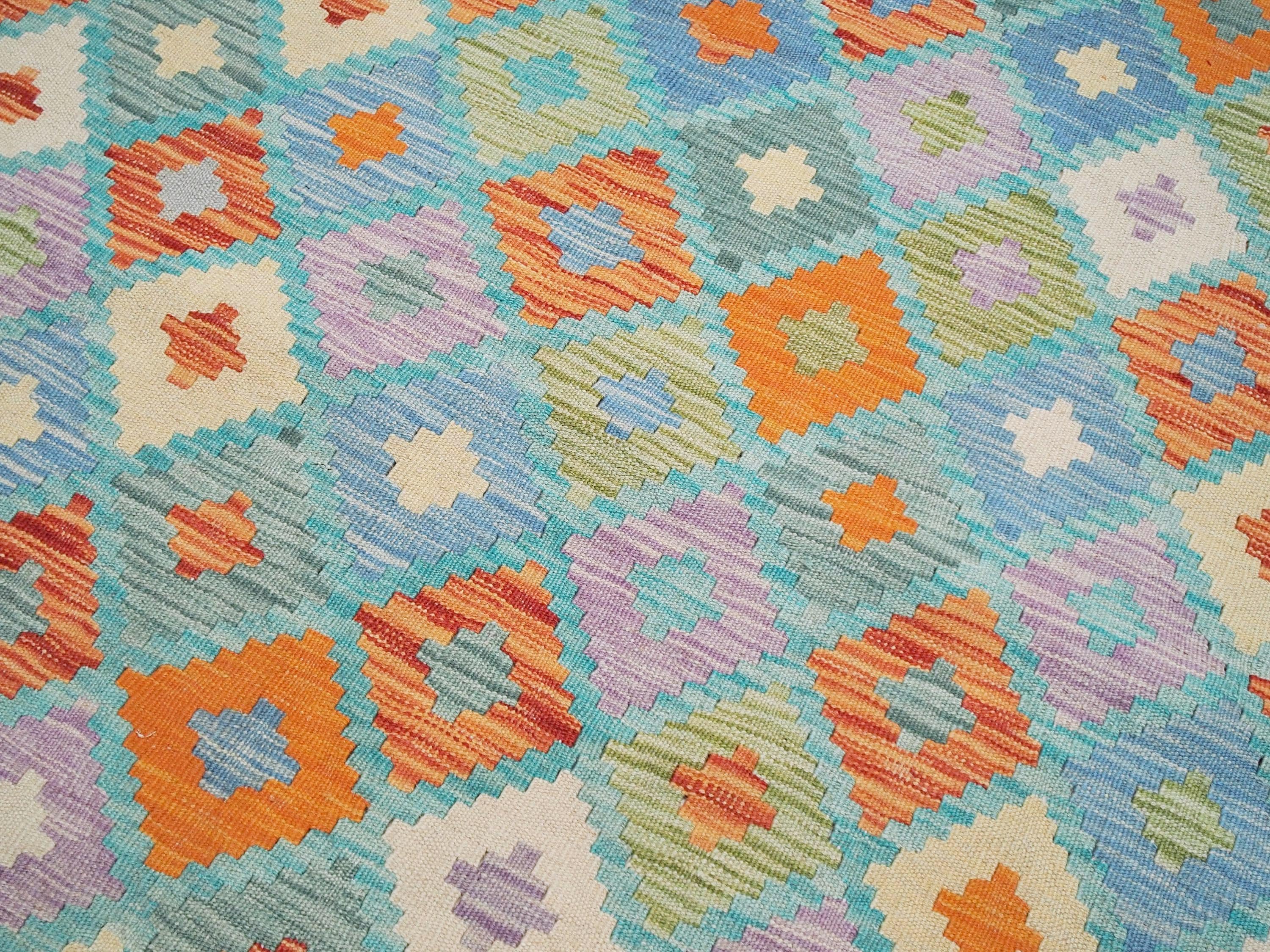 5x7 Ft Orange & Blue Kilim Rug - Handwoven Afghan Flat Weave