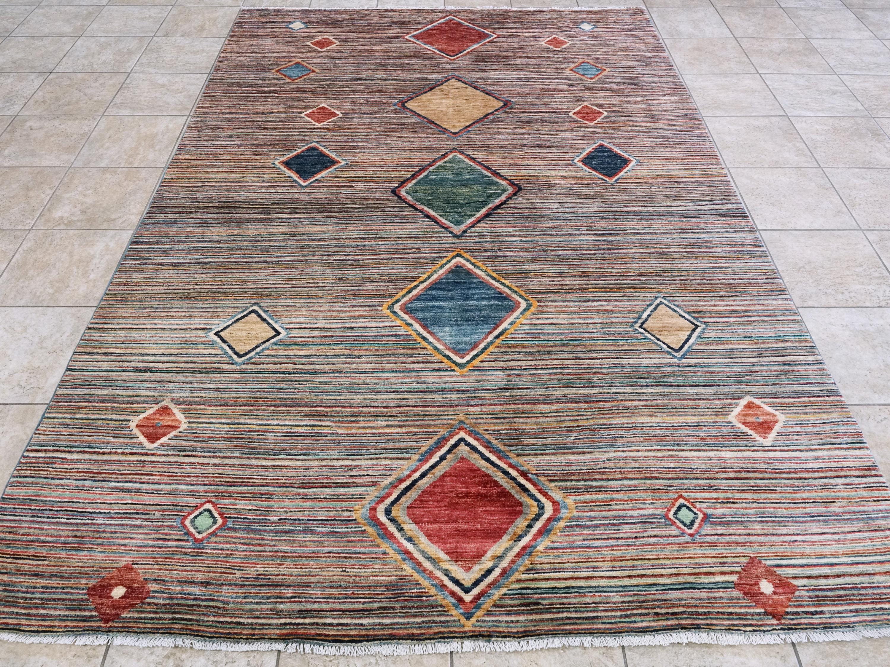 7x10 Multicolor Gabbeh Rug - Afghan Wool Area Rug - Contemporary Design