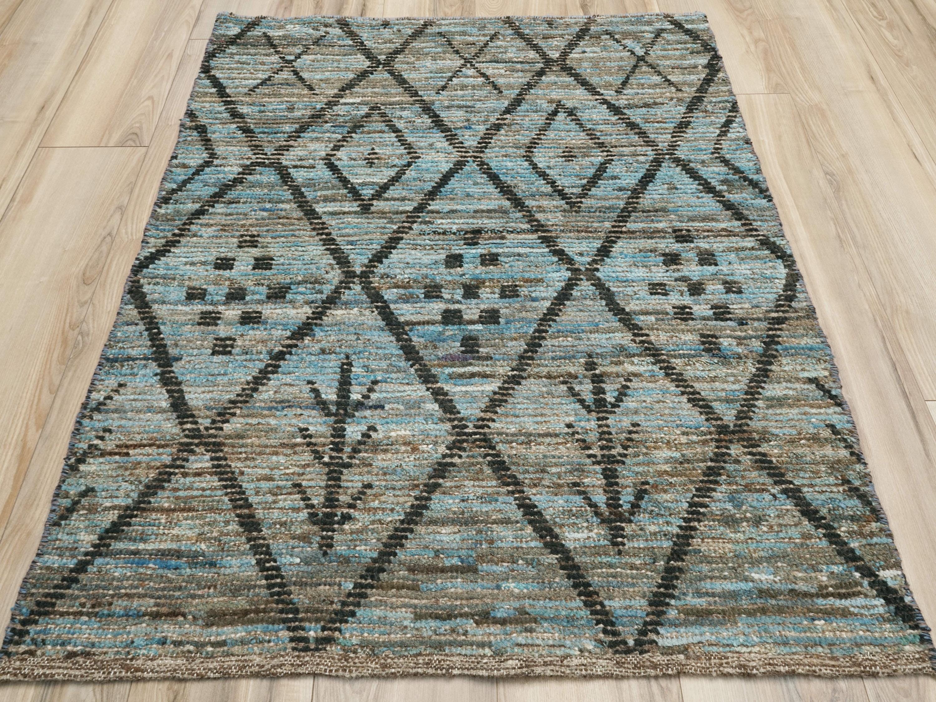 3x5 Ft Hand Knotted Blue Moroccan Rug - Tribal Rug