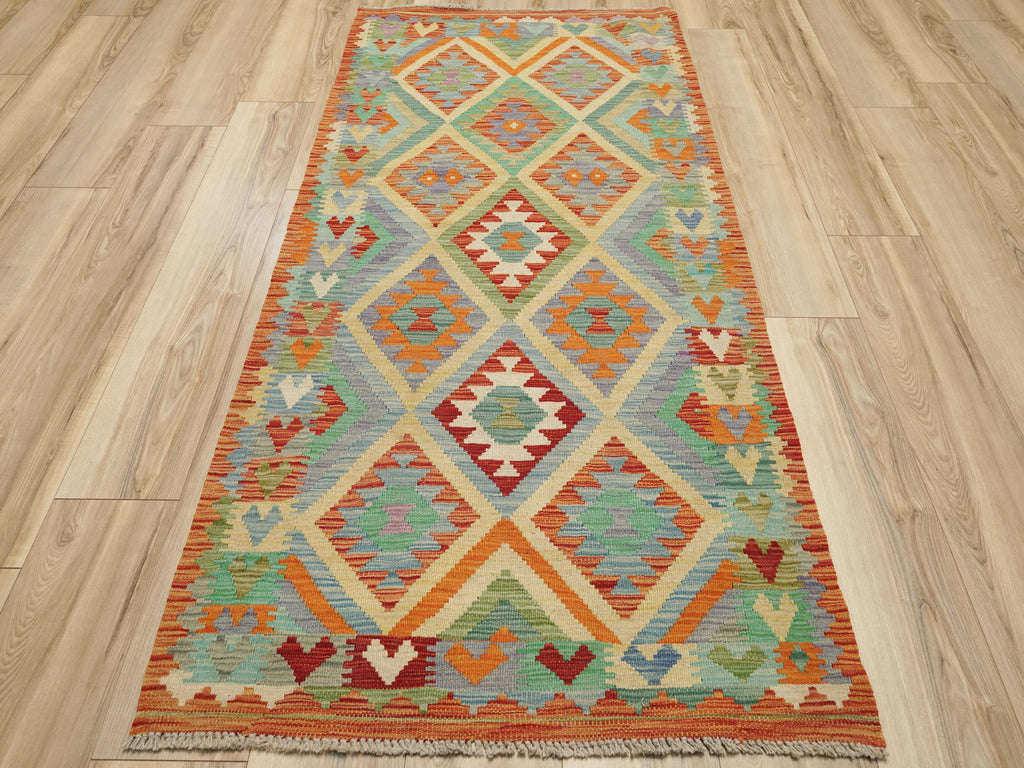 7 Ft Orange Green Kilim Rug  Flat Weave Afghan Runner