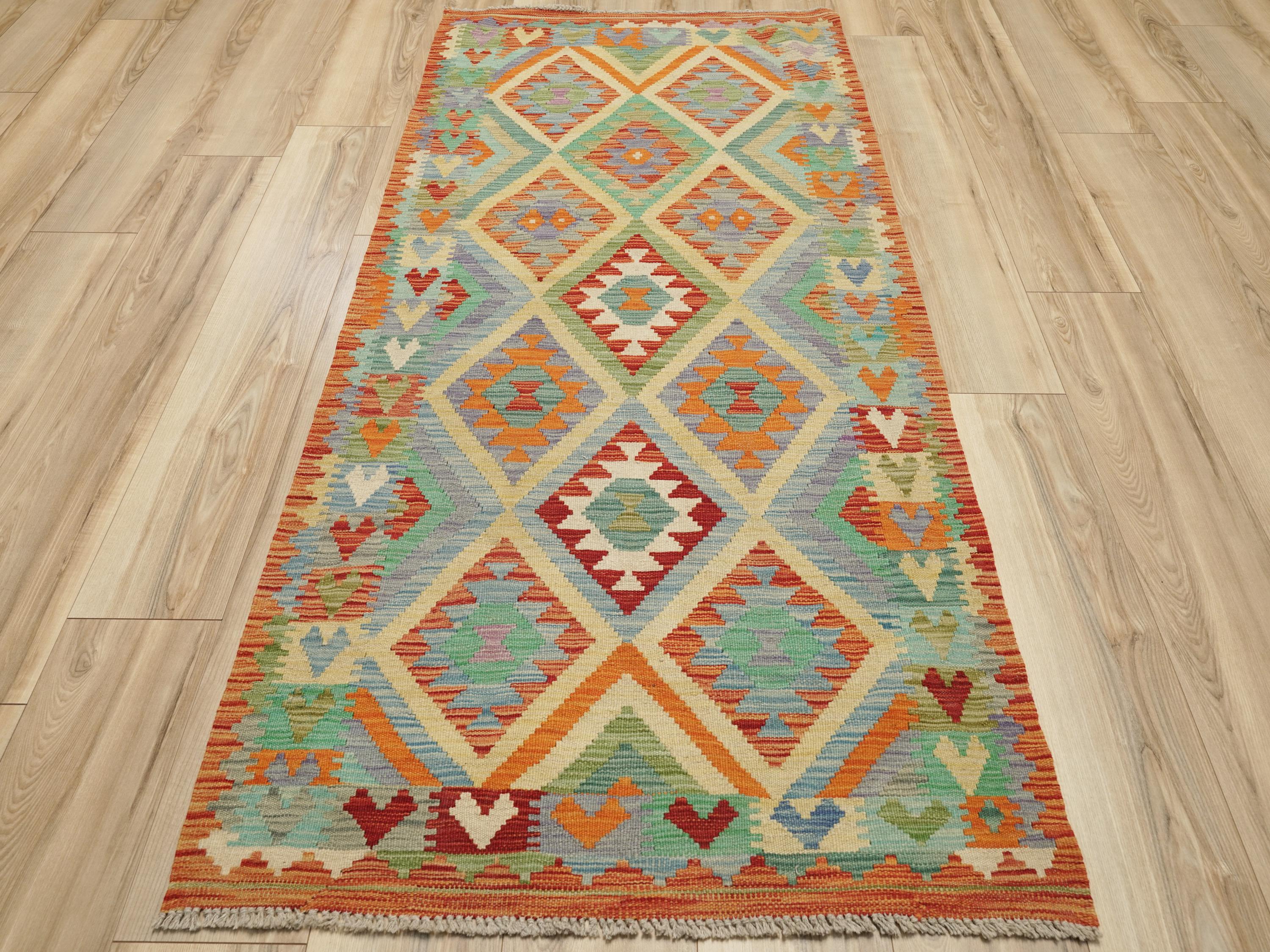 7 Ft Orange Green Kilim Rug  Flat Weave Afghan Runner
