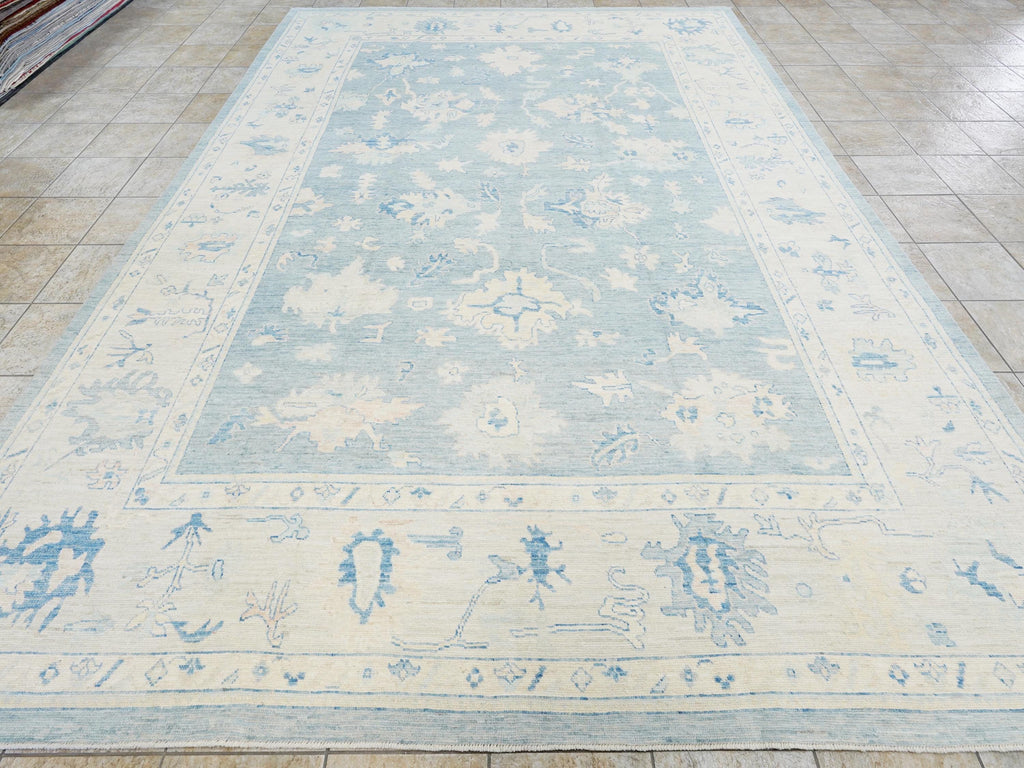 10x14 Ft Muted Blue Ushak Rug - Hand Knotted Wool Area Rug -  Floral Design