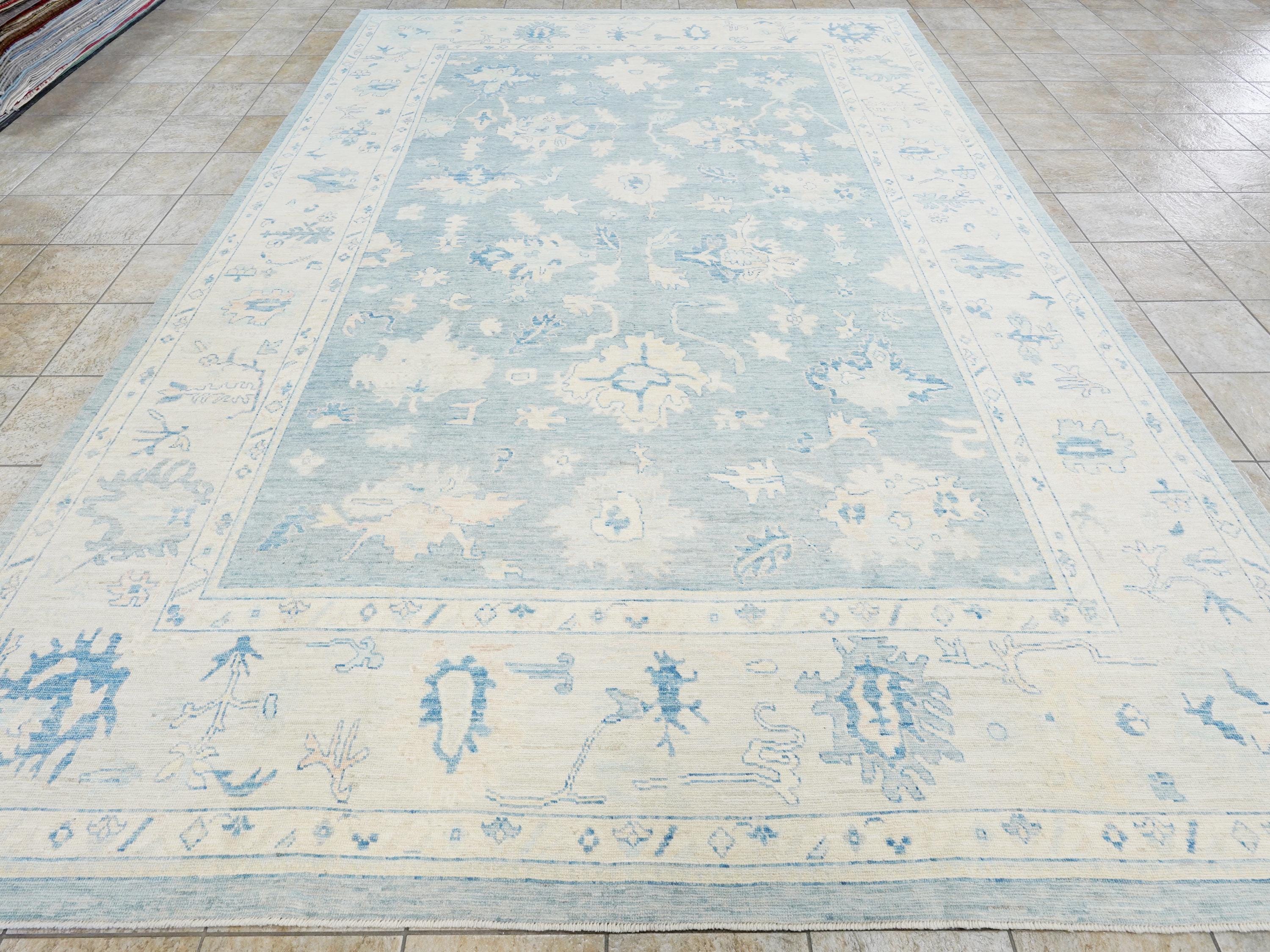 10x14 Ft Muted Blue Ushak Rug - Hand Knotted Wool Area Rug -  Floral Design