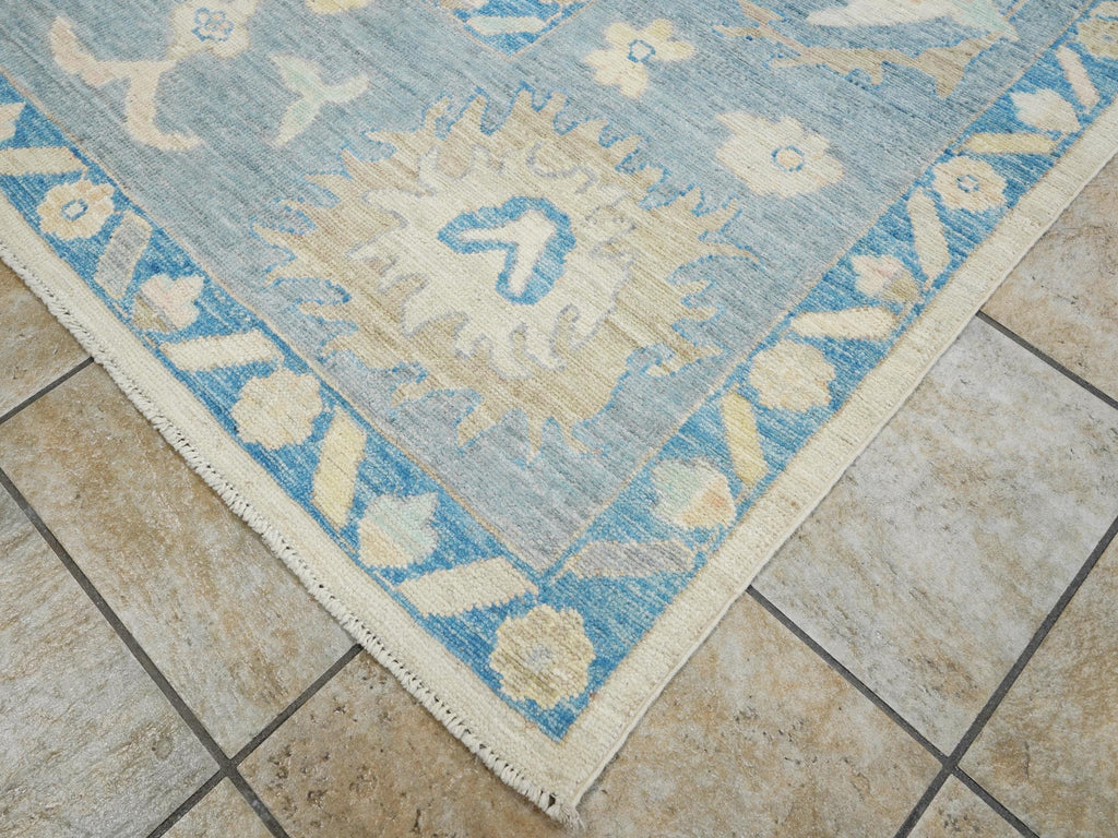 10x14 Ft Muted Blue & Orange Oushak Rug - Hand Knotted Afghan Rug - Turkish Floral Design