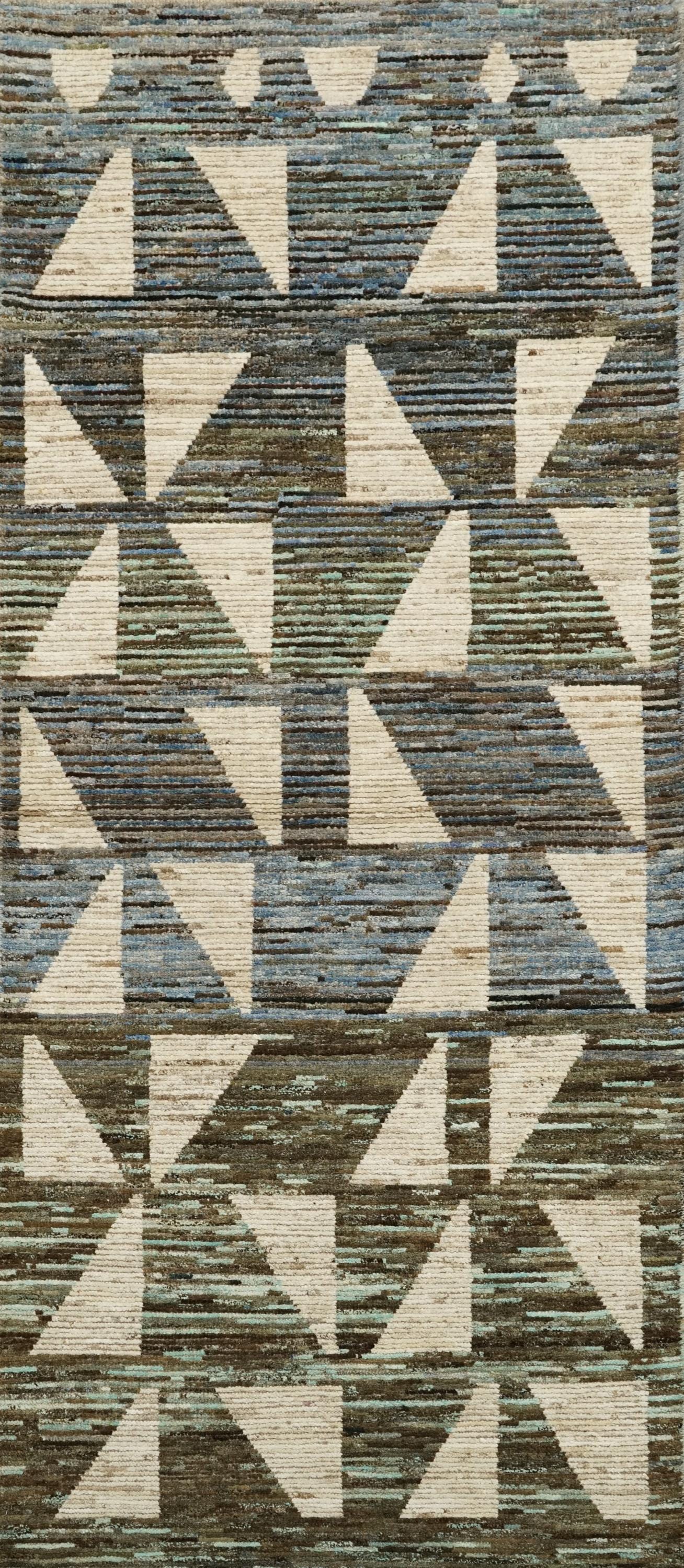 10 Ft White & Blue Handmade Moroccan Runner Rug - Contemporary Design