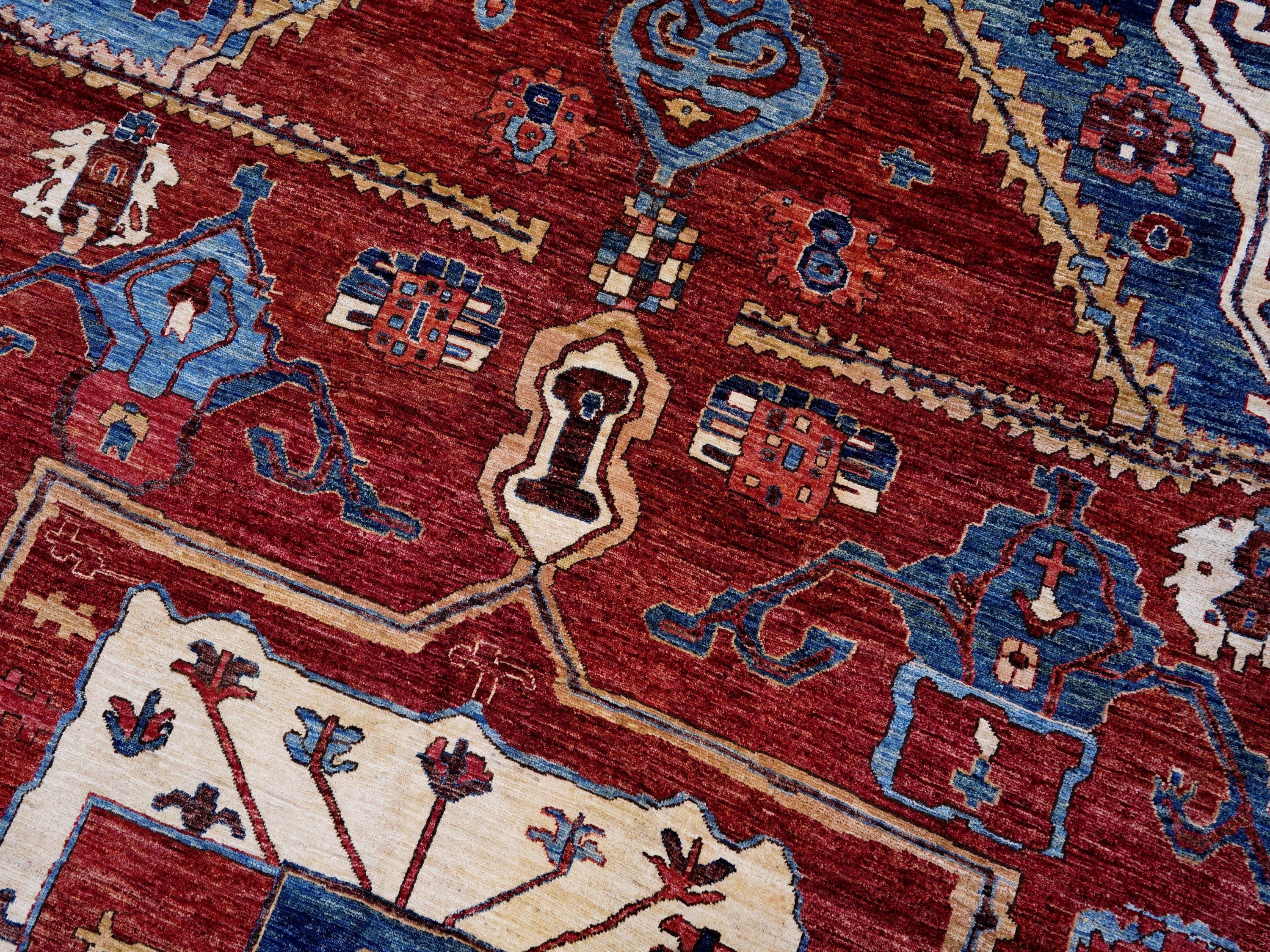 9x12 Ft Red & Blue Heriz Rug - Afghan Oriental Area Rug - Persian Design