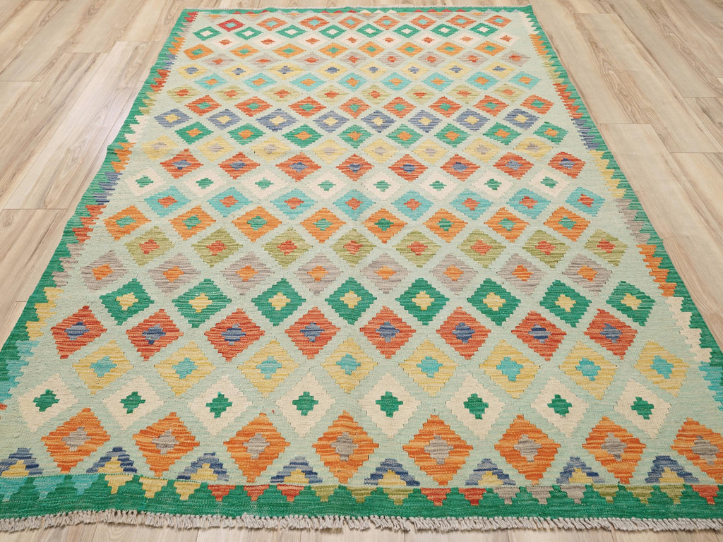 6x8 Ft Green Kilim Rug - Traditional Wool Flat Weave - Geometric Design