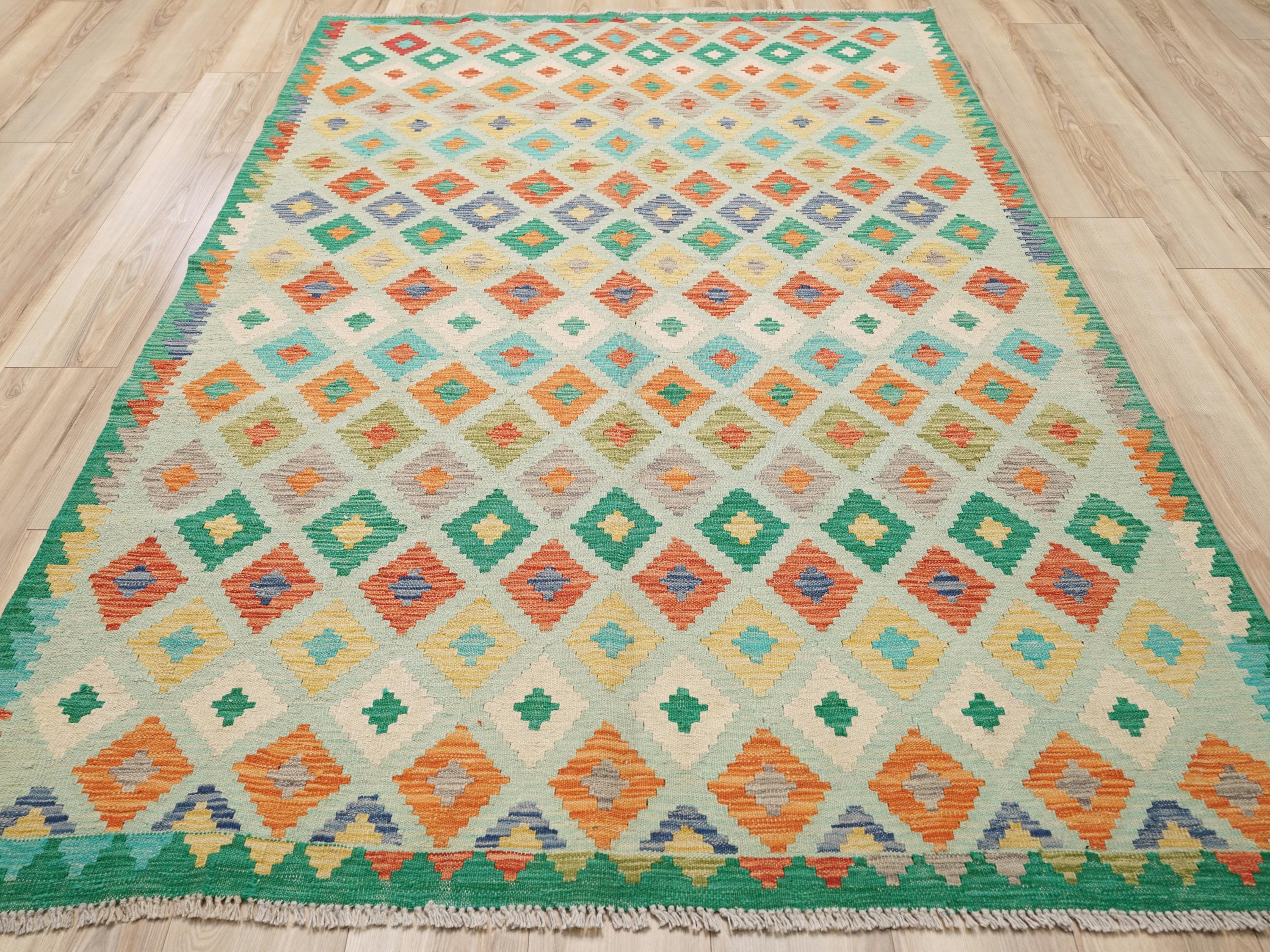 6x8 Ft Green Kilim Rug - Traditional Wool Flat Weave - Geometric Design