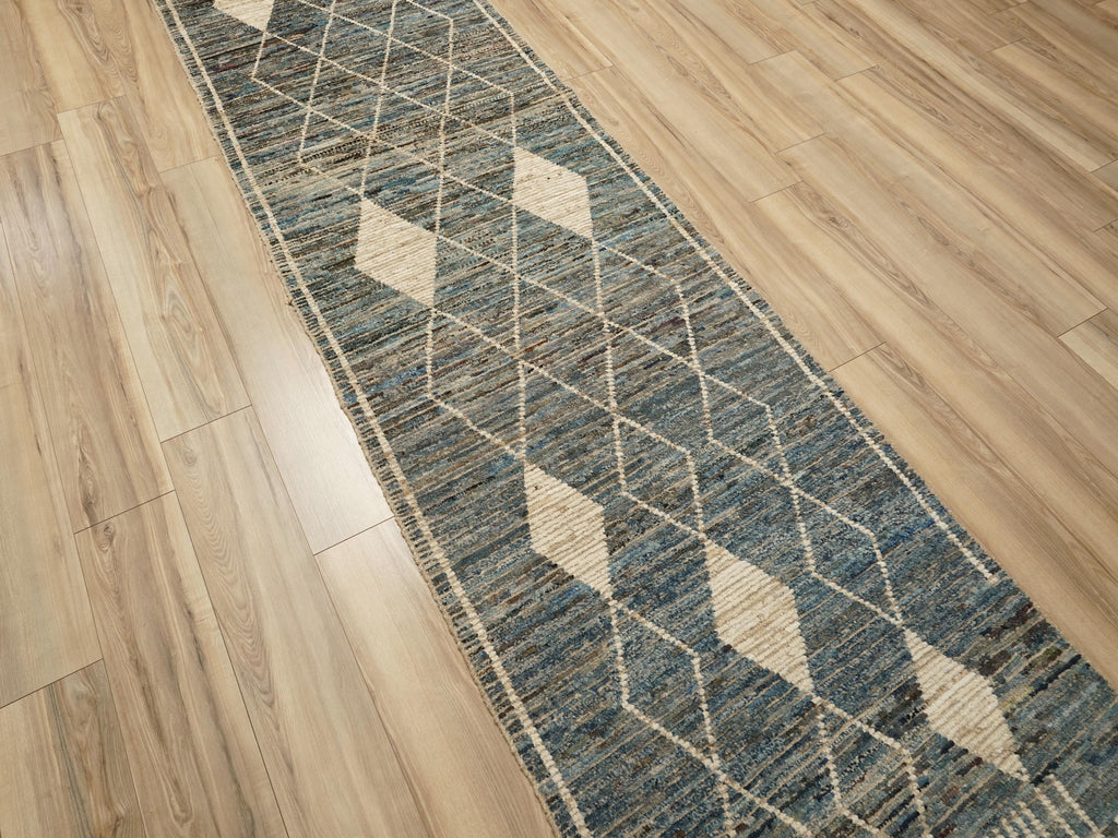 16 Ft Blue Moroccan Runner Rug - Afghan Handmade Wool Rug