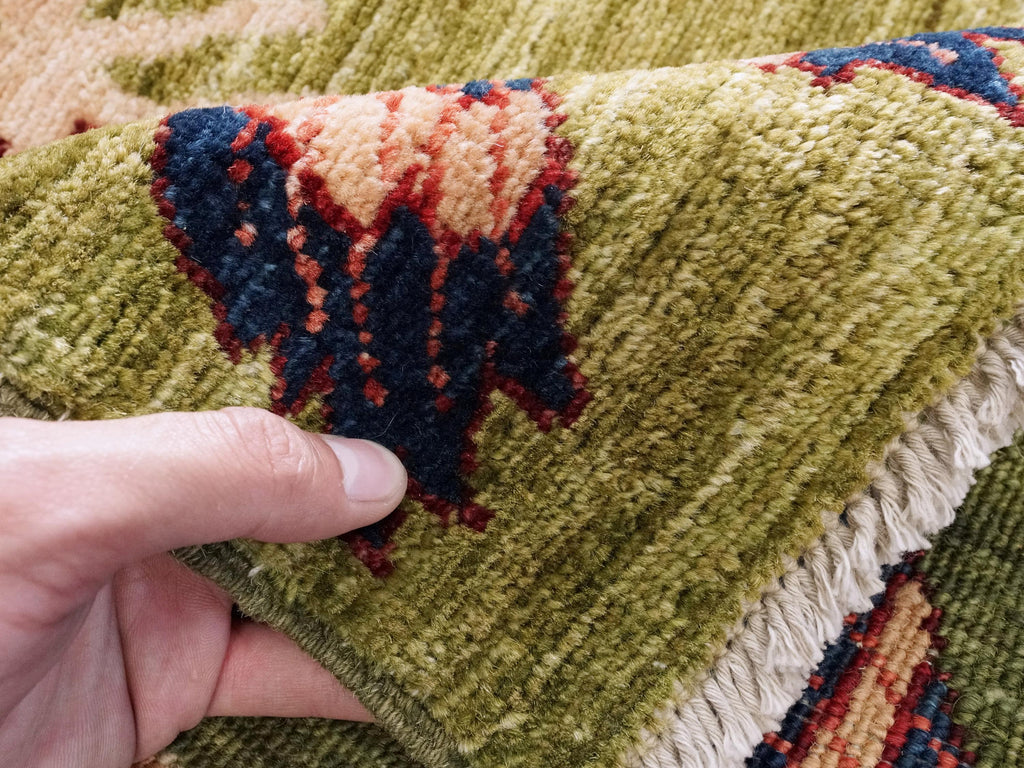 12 Ft Green Butterfly Runner Rug - Afghan Wool Hallway Rug