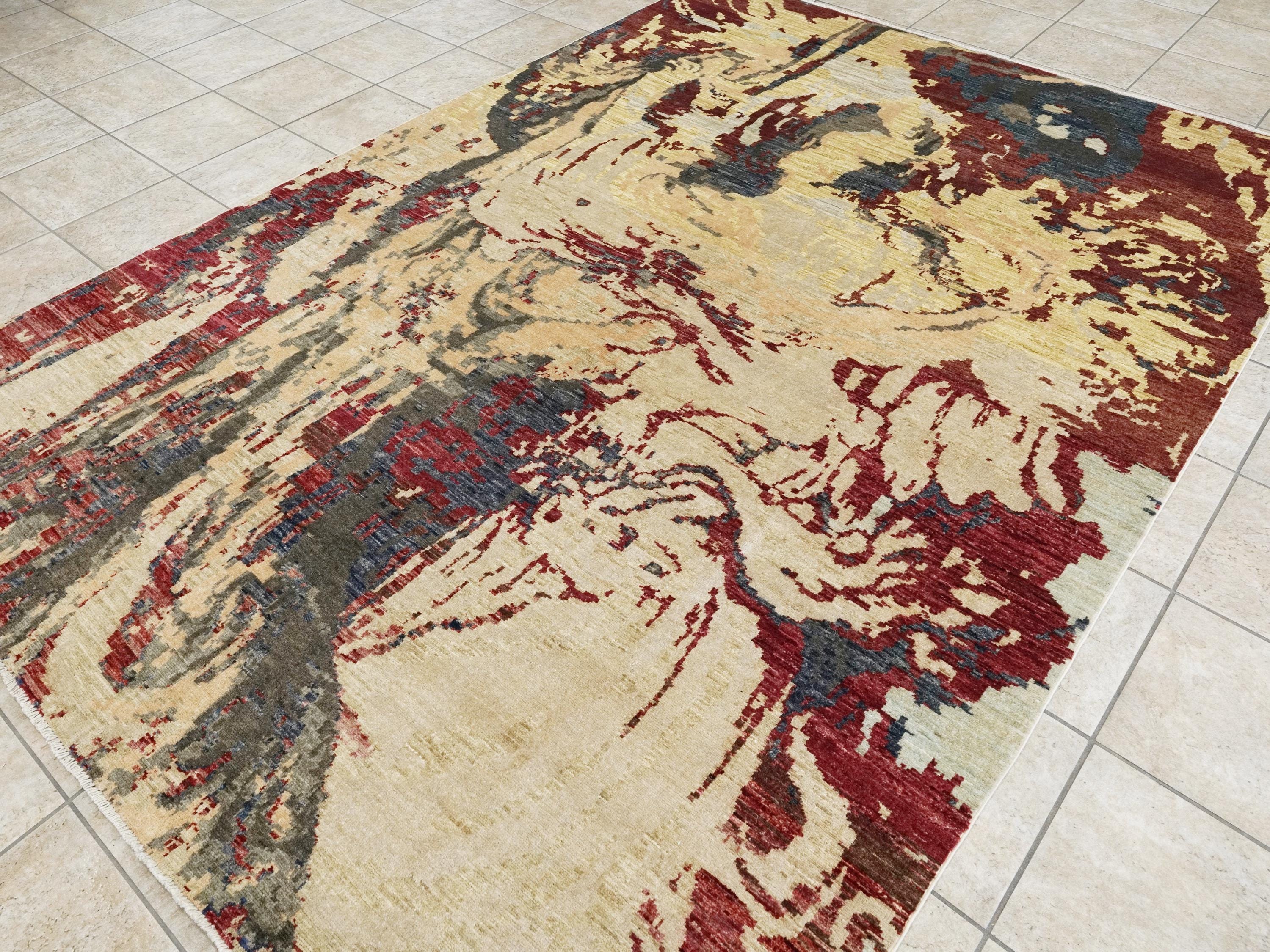 7x10 Ft Hand Knotted Gabbeh Rug - Red & Beige Wool Abstract Rug