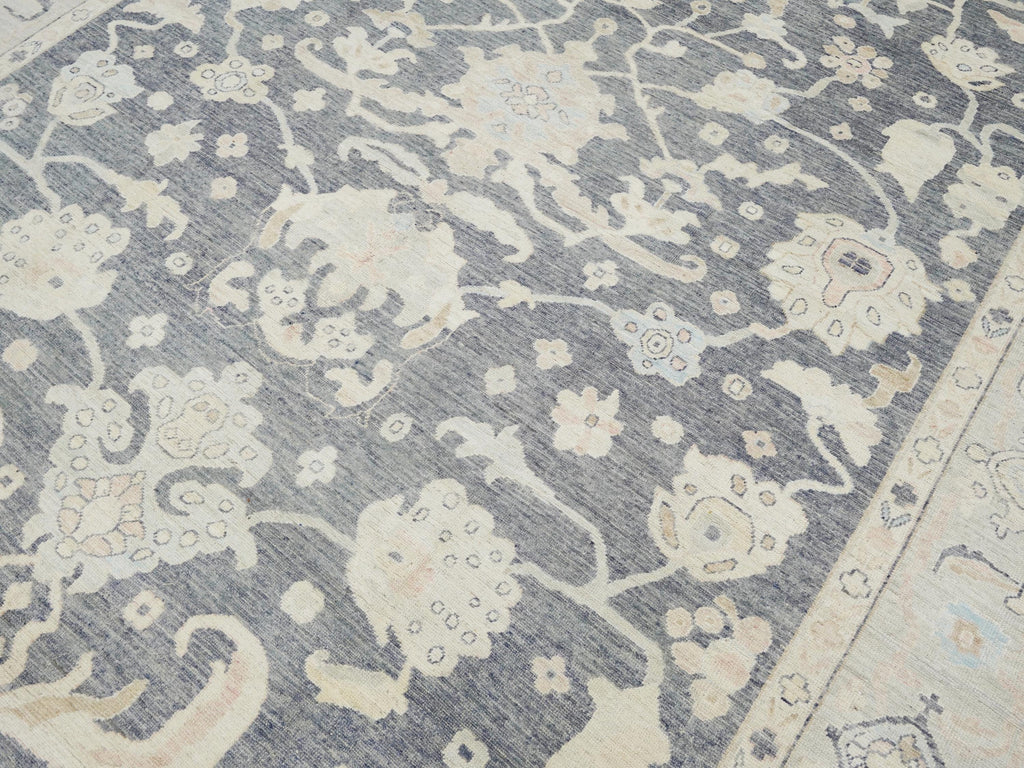 10x14 Ft Light Black Oushak Rug - Hand Knotted Afghan Rug - Turkish Floral Design