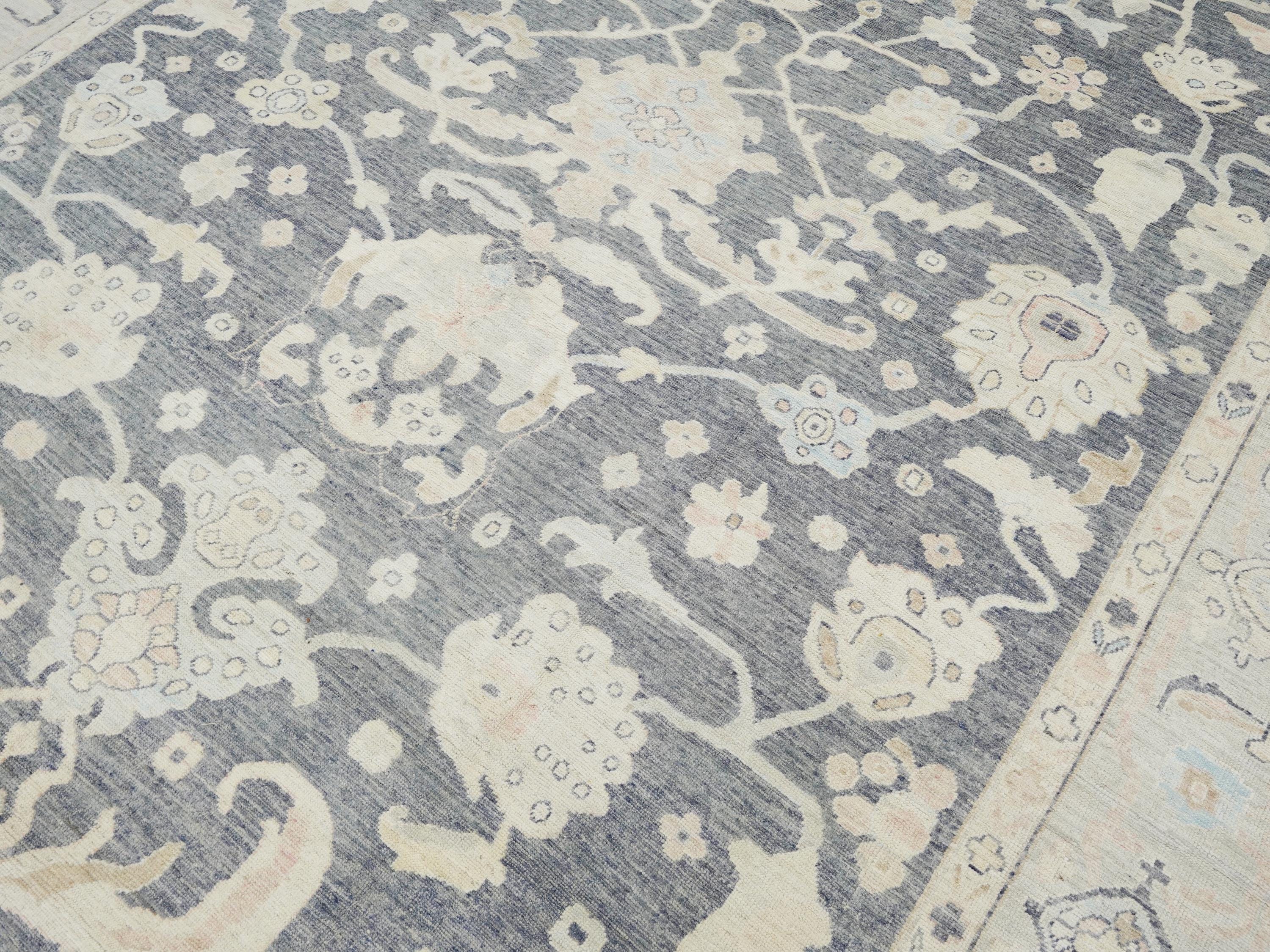 10x14 Ft Light Black Oushak Rug - Hand Knotted Afghan Rug - Turkish Floral Design