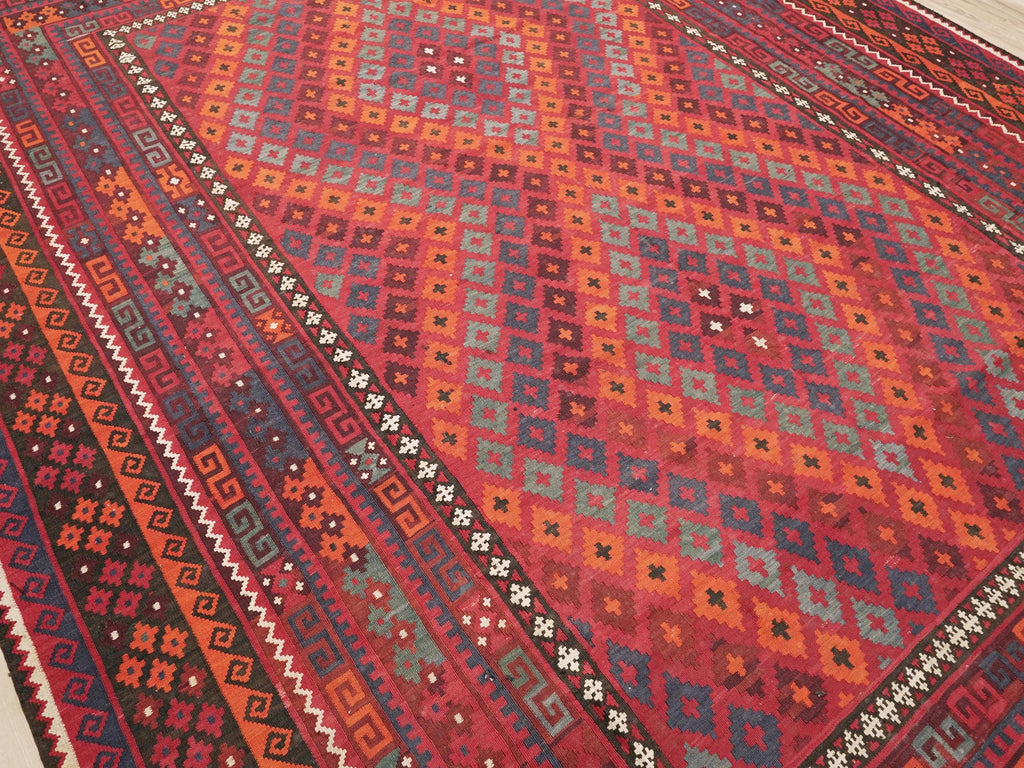 10x14 Ft Red Maimana Kilim Rug - Large Vintage Afghan Tribal Rug