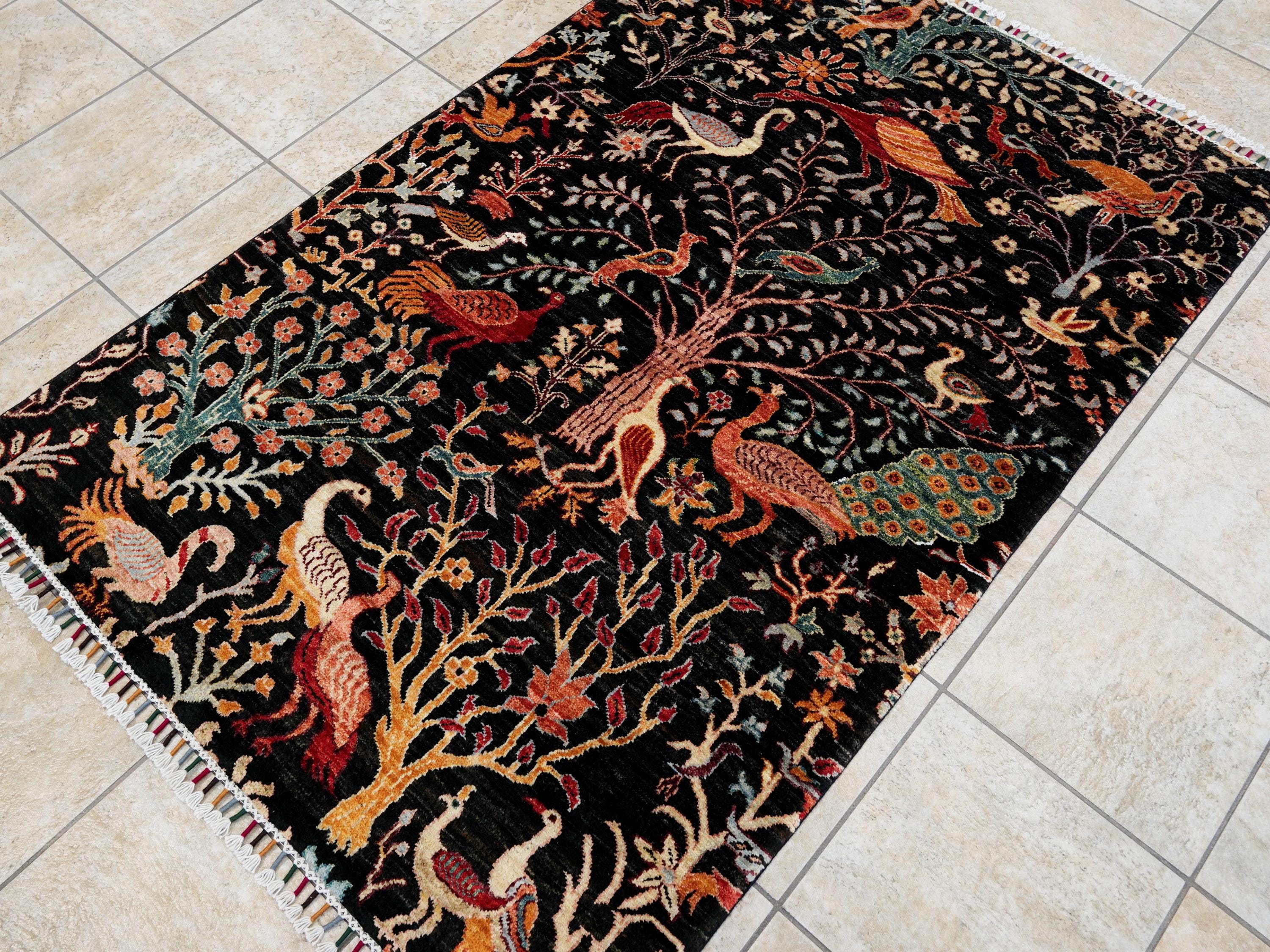 4x6 Ft Black Bird Rug - Hand Knotted Oriental Rug - Garden Design