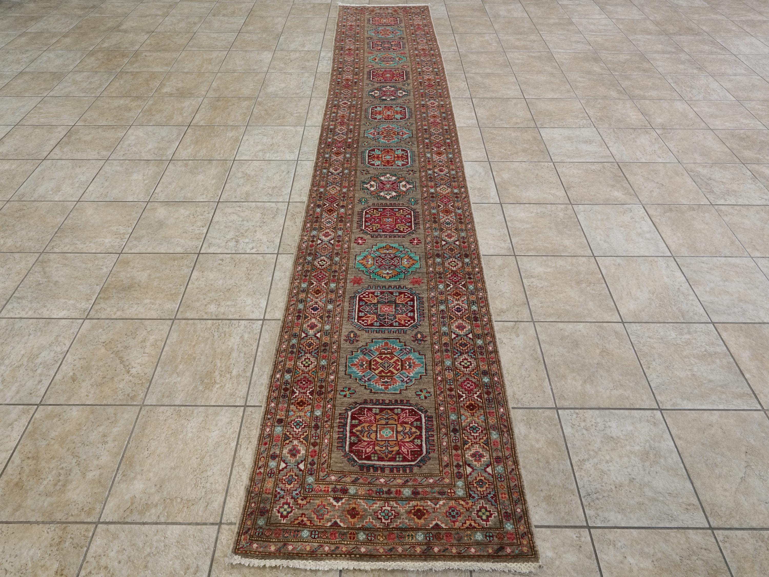 13 Ft Brown Kazak Runner Rug - Handmade Afghan Hallway Rug