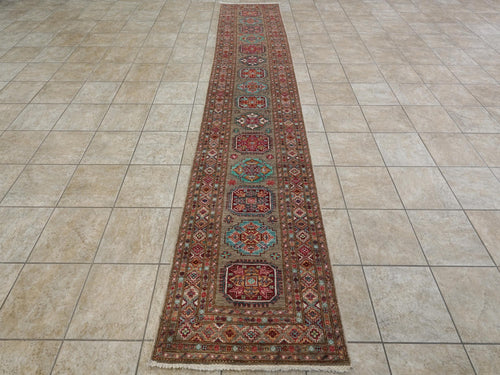 13 Ft Brown Kazak Runner Rug - Handmade Afghan Hallway Rug