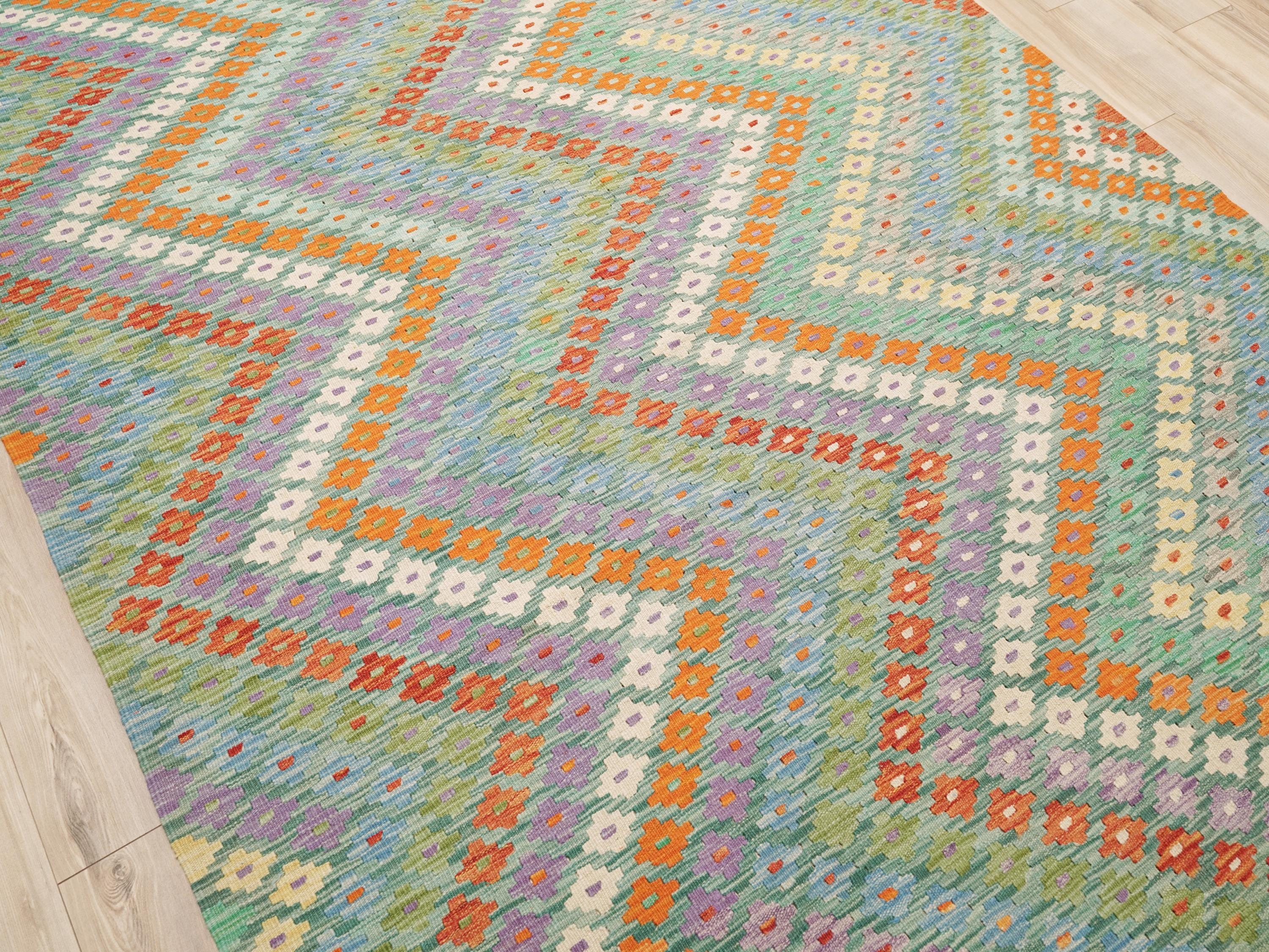 7x10 Ft Green Kilim Rug - Flat Weave Area Rug