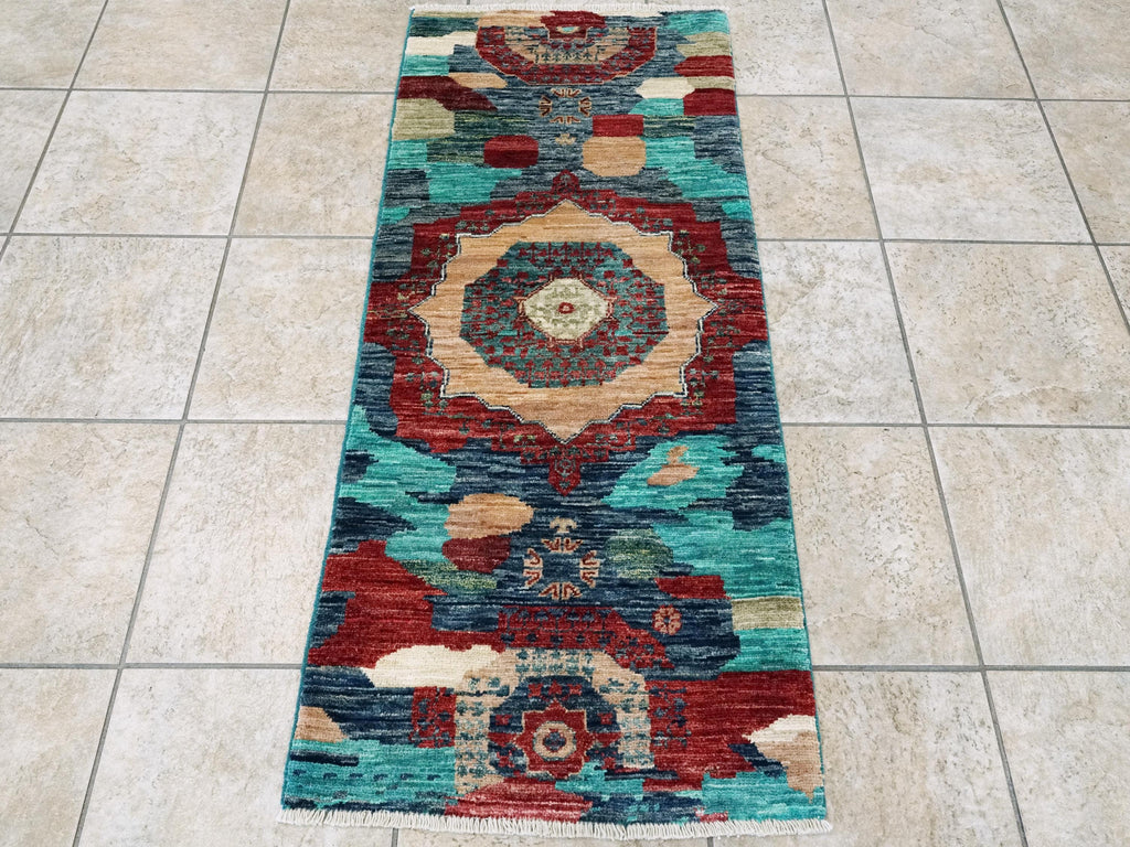 2x5 Ft Blue Mamluk Rug - Hand Knotted Wool Hallway Runner