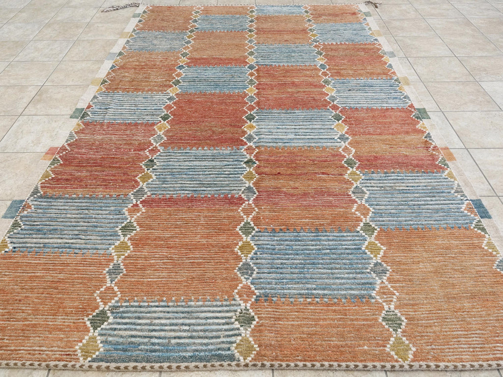 7x10 Ft Hand Knotted Afghan Wool Rug: Orange & Blue Moroccan Rug