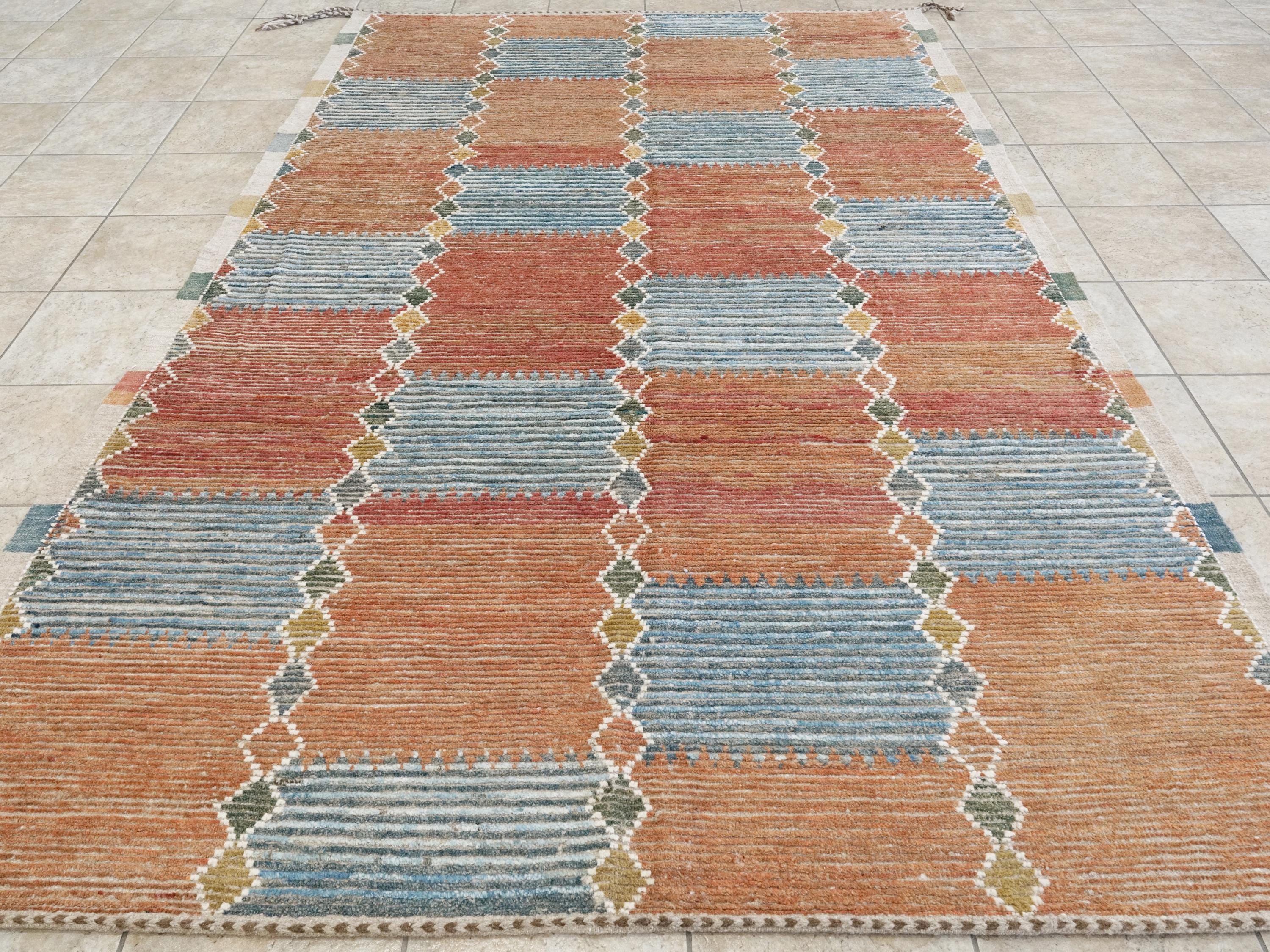 7x10 Ft Hand Knotted Afghan Wool Rug: Orange & Blue Moroccan Rug