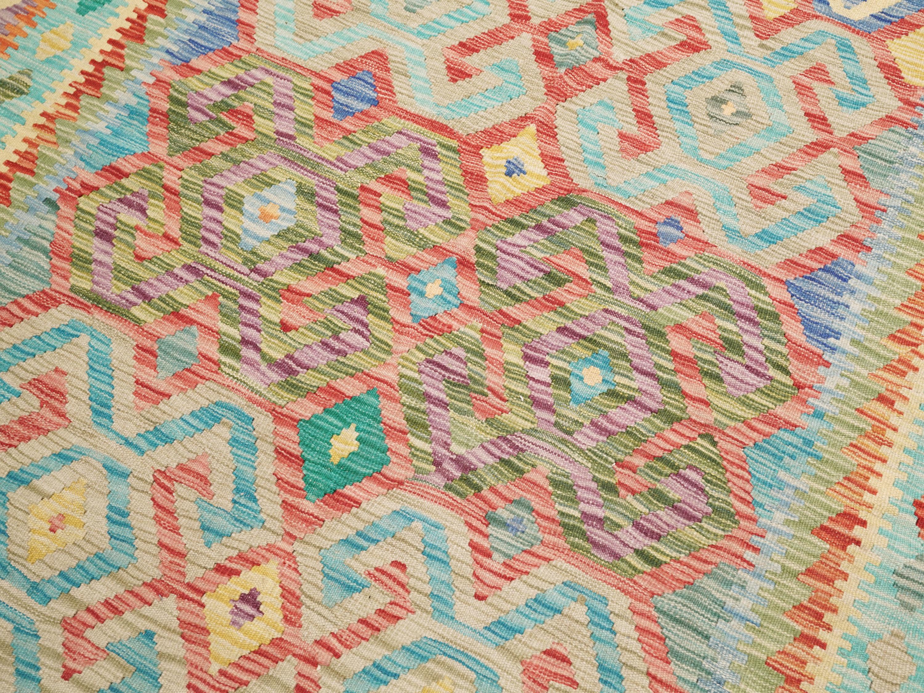 7x10 Ft Green Kilim Rug - Traditional Afghan Rug