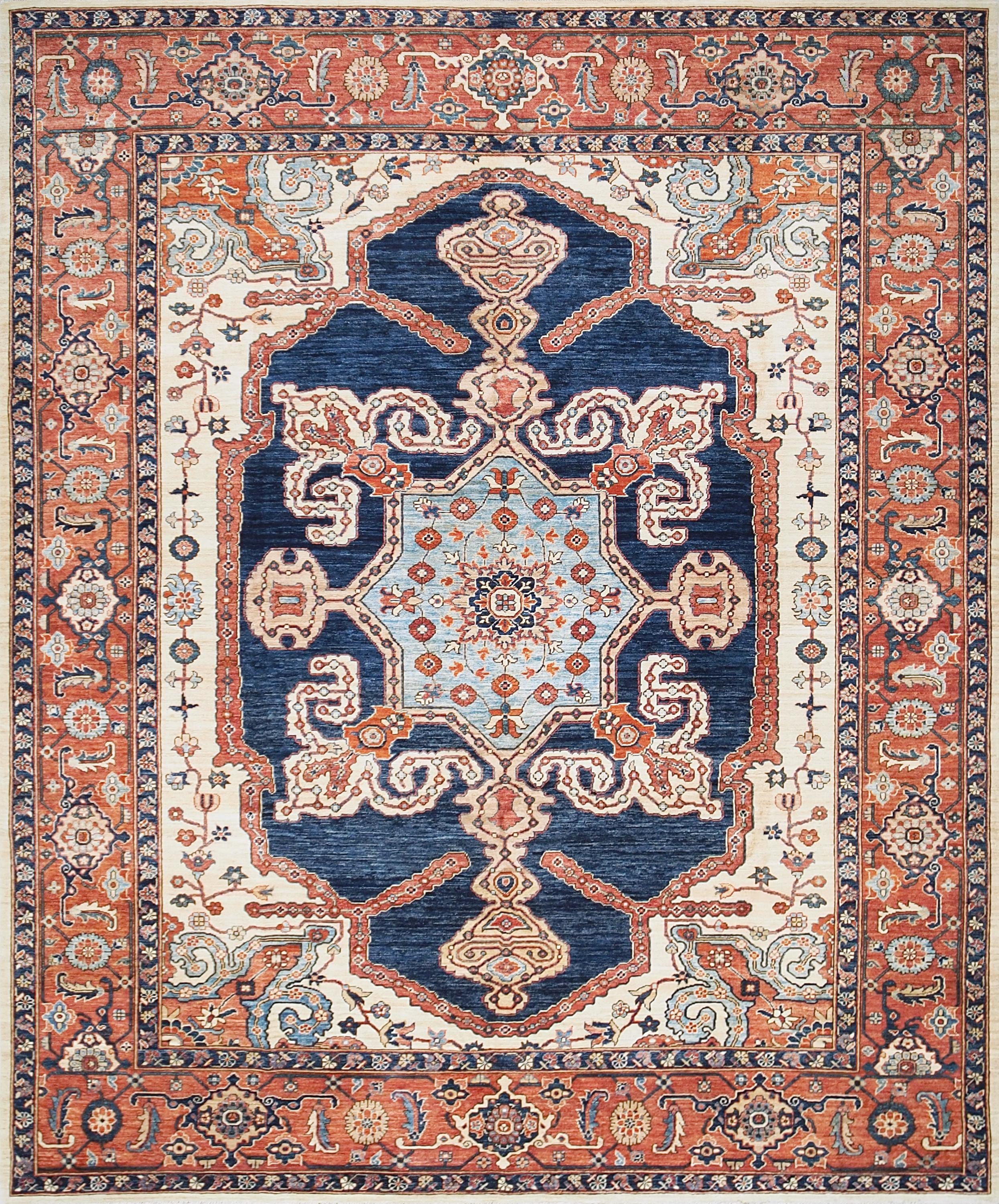 8x10 Ft Blue & Red Heriz Rug: Hand -Knotted Oriental Wool Rug