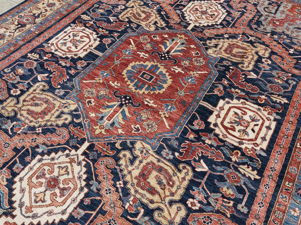 12x15 Ft Hand Knotted Afghan Heriz Rug - Blue & Red Wool Rug