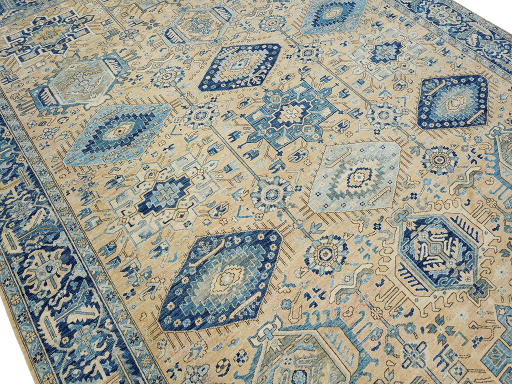 10x14 Ft Beige & Blue Heriz Rug - Hand Knotted Antique Rug