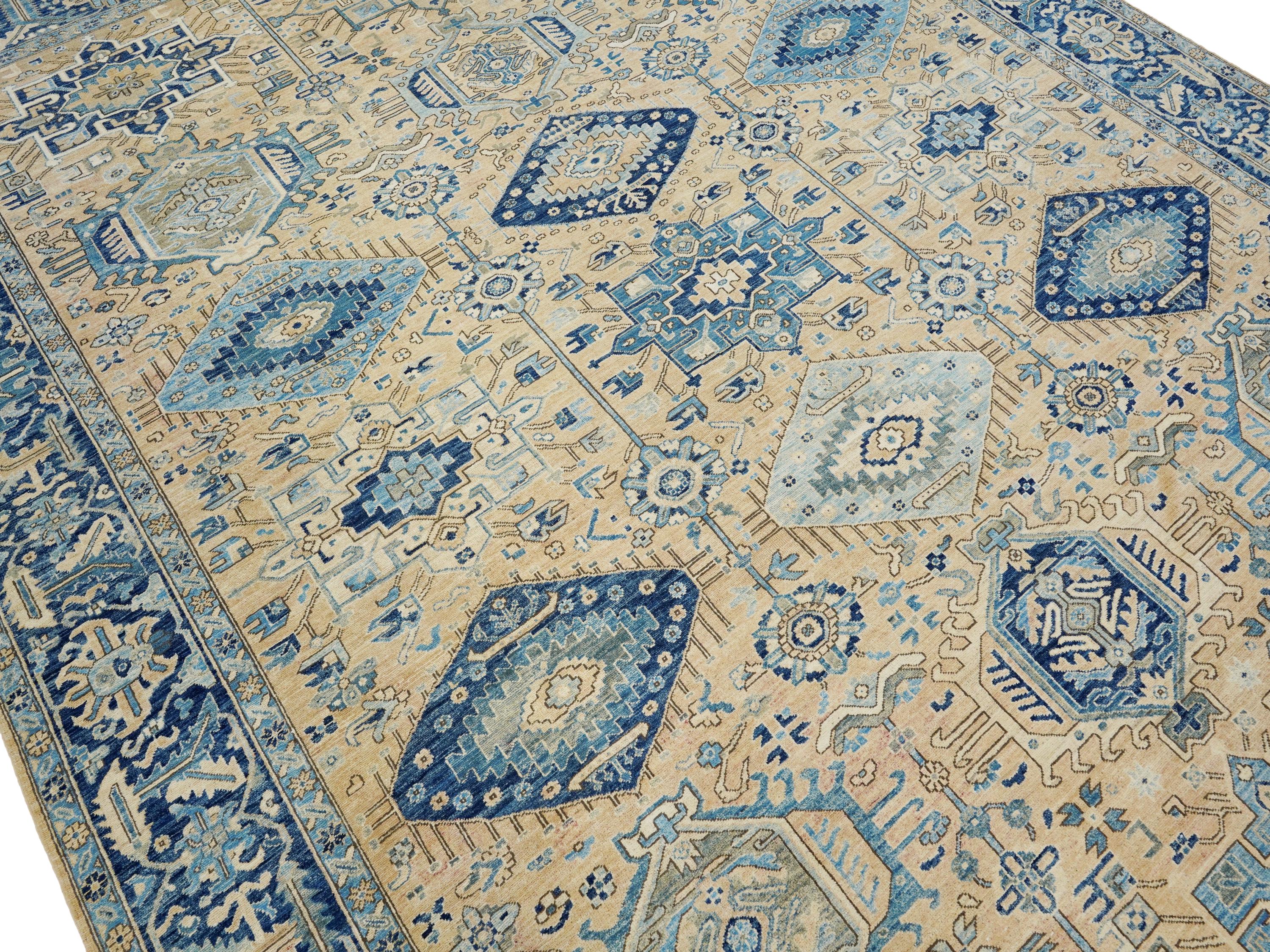 10x14 Ft Beige & Blue Heriz Rug - Hand Knotted Antique Rug