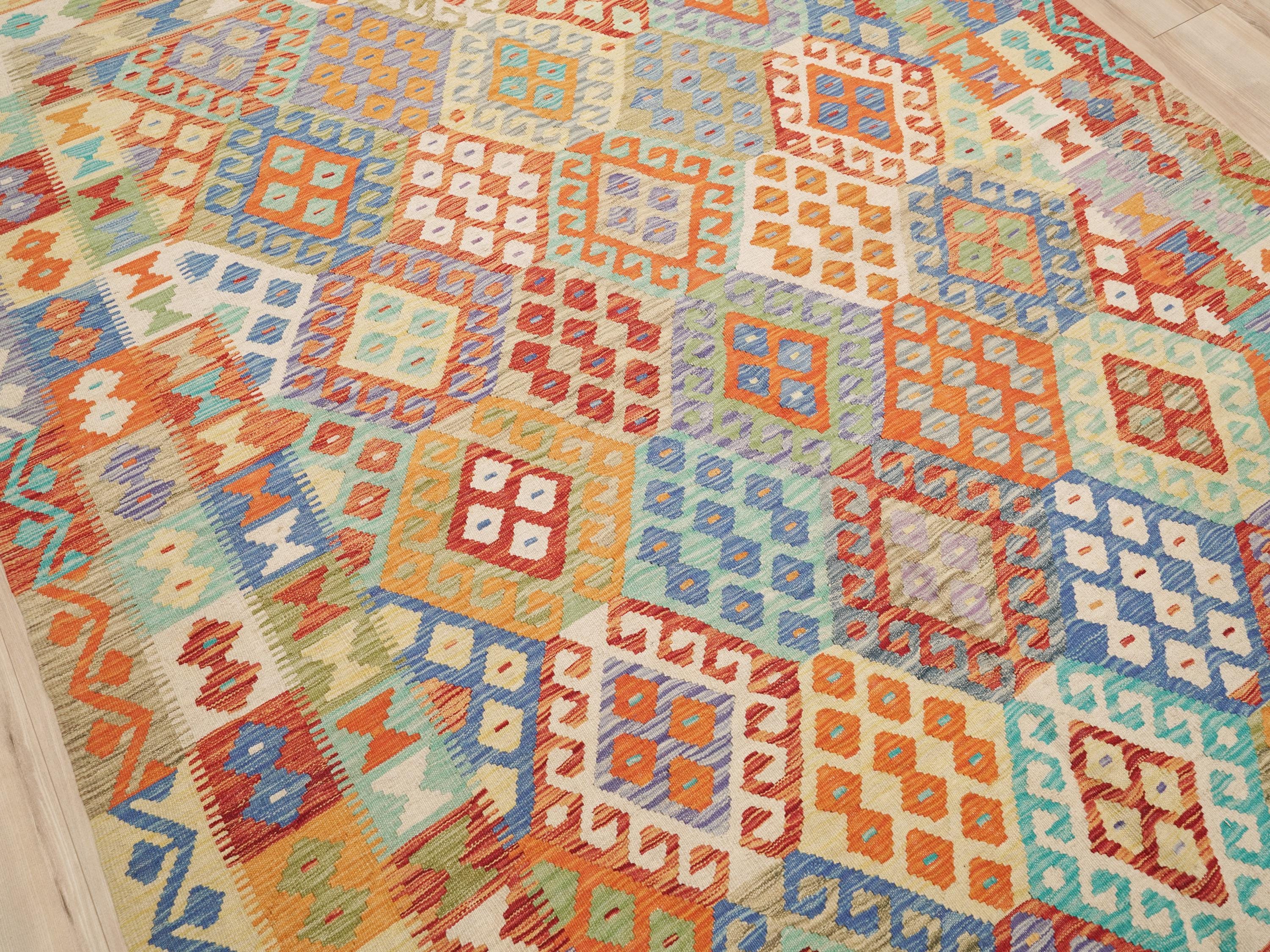 7x10 Ft Orange Kilim Rug - Flat Weaved Tribal Rug