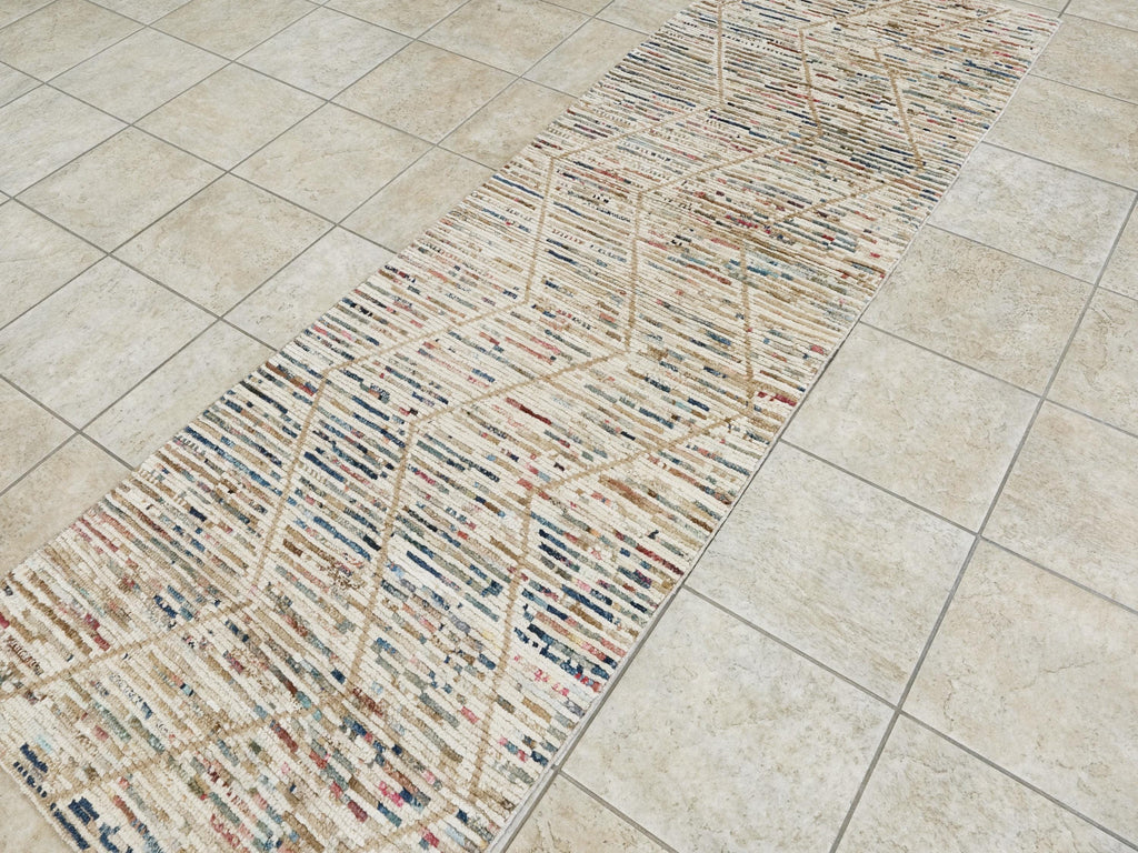 9 Ft Handmade Afghan Wool Runner Rug - Beige Moroccan Style