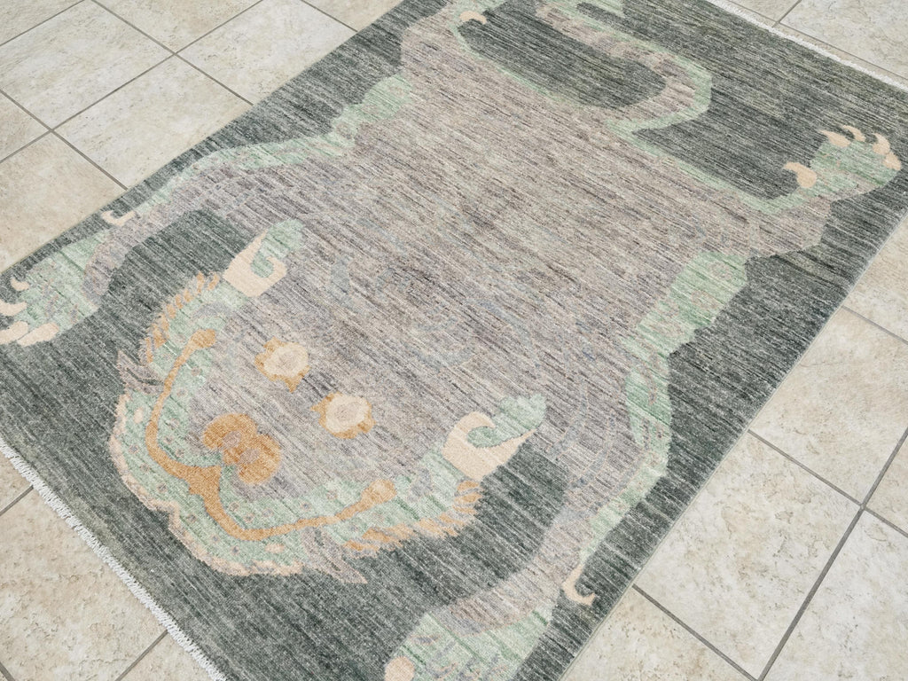 4x6 Ft Green & Gray Wool Tiger Rug - Oriental Area Rug