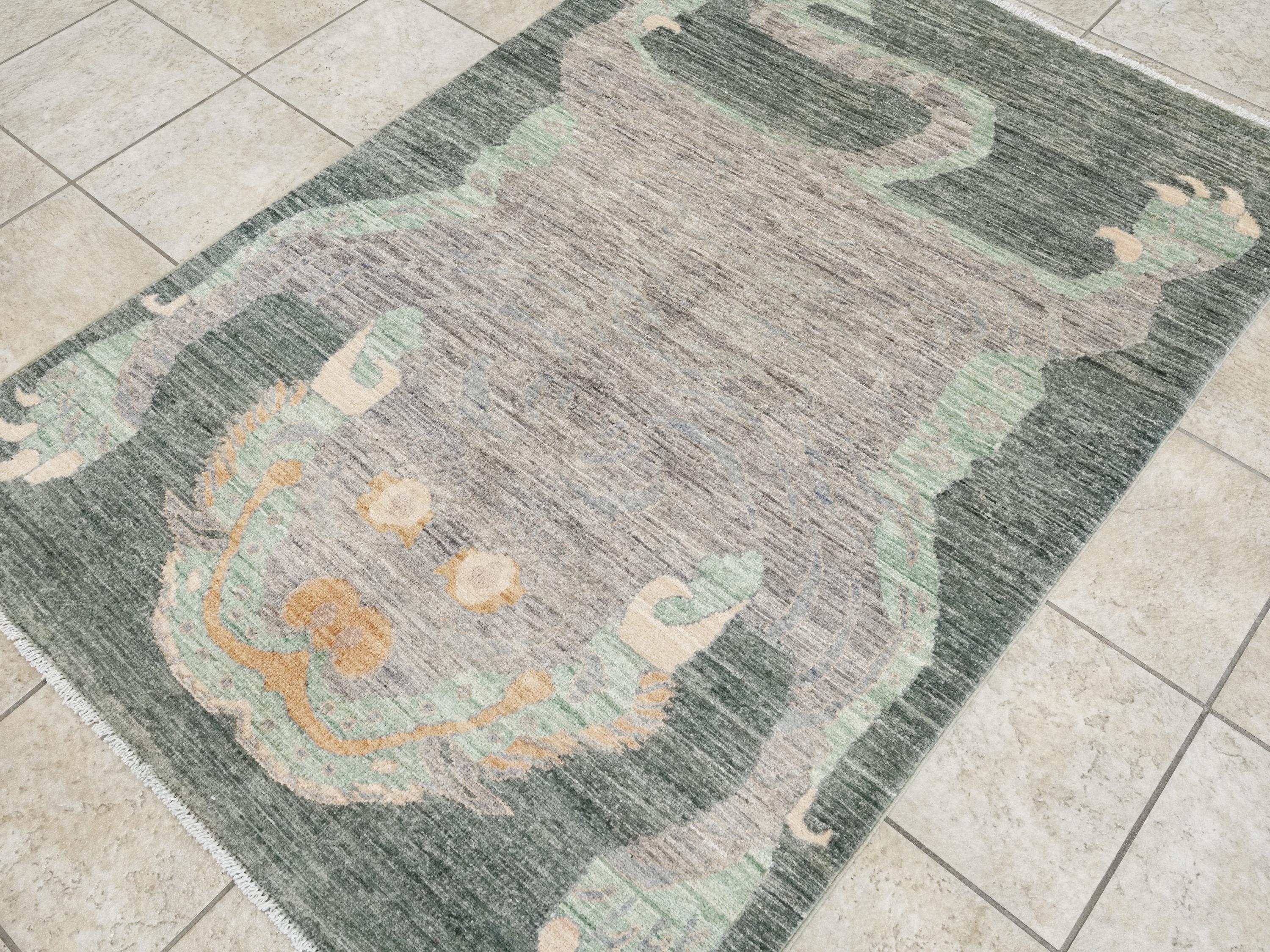 4x6 Ft Green & Gray Wool Tiger Rug - Oriental Area Rug