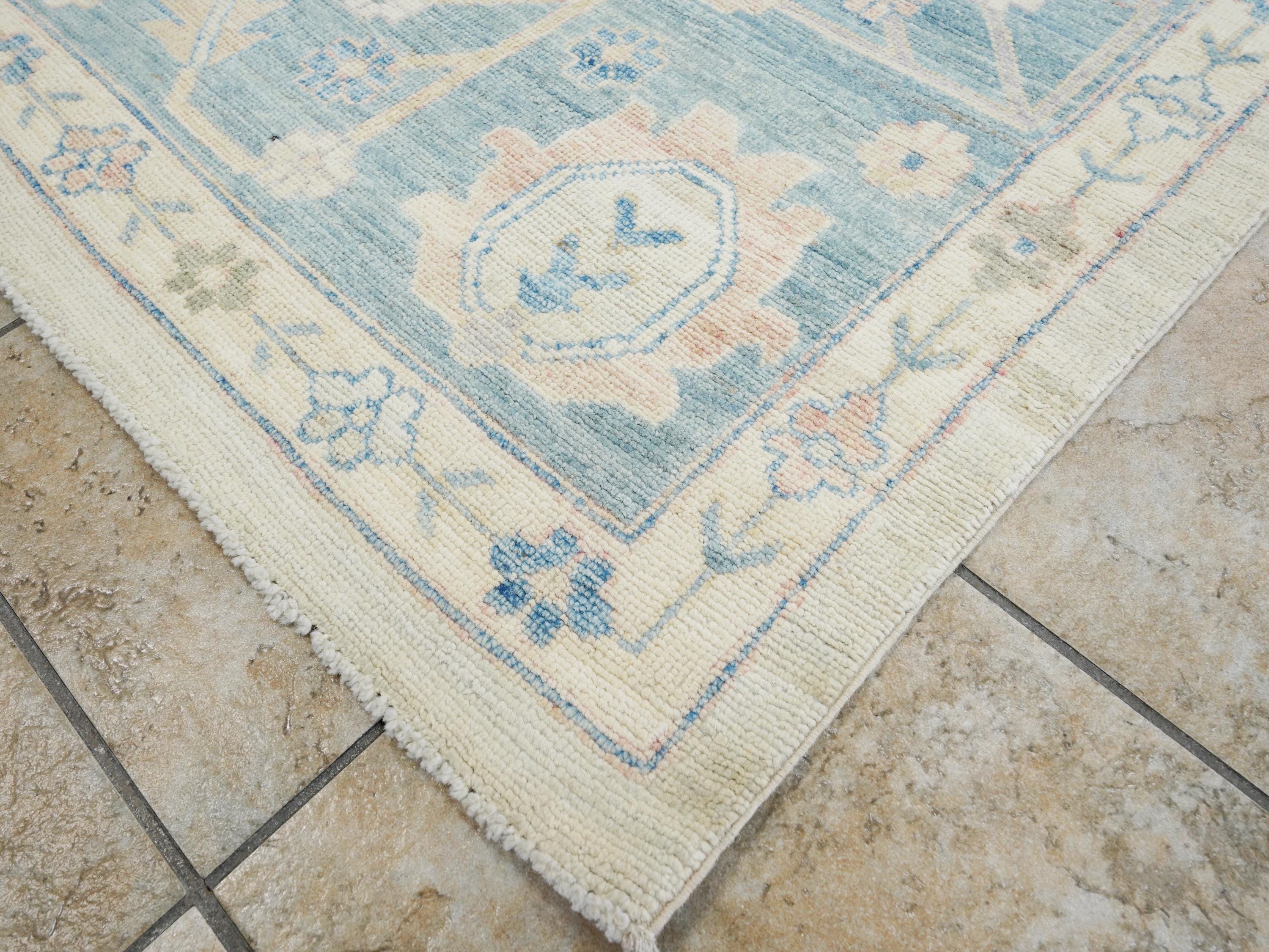 10x14 Ft Blue Oushak Rug - Hand Knotted Afghan Rug - Turkish Floral Design