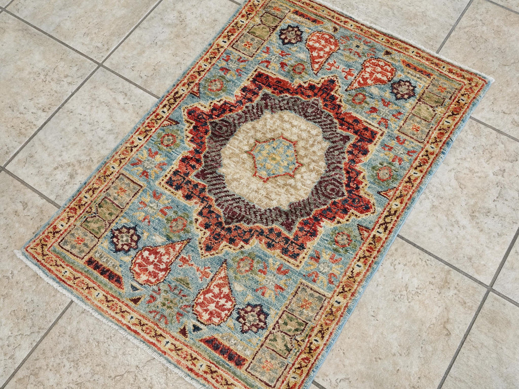 2x3 Ft Hand Knotted Wool Mamluk Rug - Light Blue Oriental Accent Rug