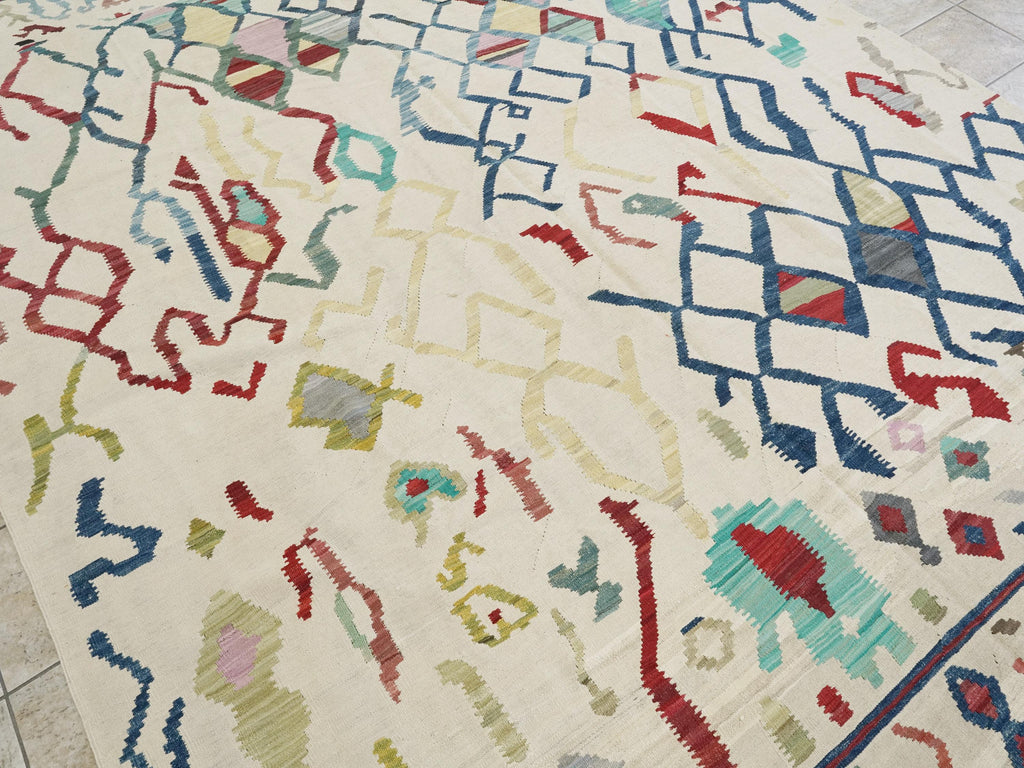 10x13 Ft Beige Kilim Rug - Handmade Afghan Wool Flatweave - Contemporary Design