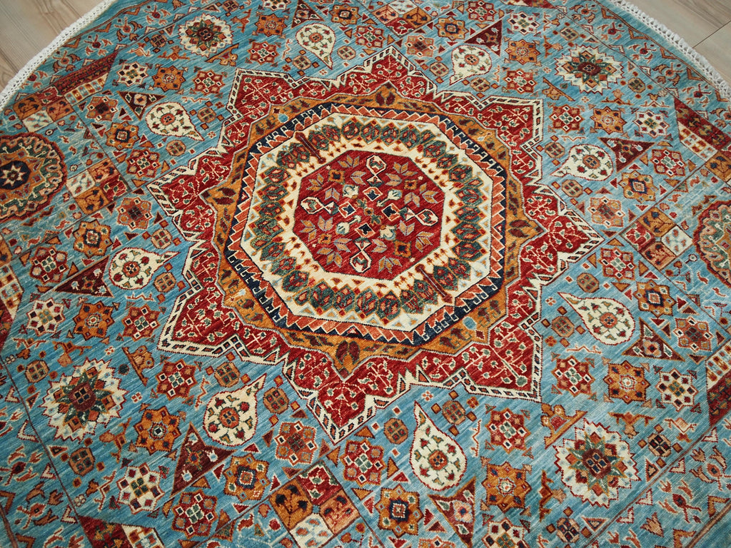 6x6 Ft Hand Knotted Light Blue Mamluk Rug - Round Oriental Medallion Rug