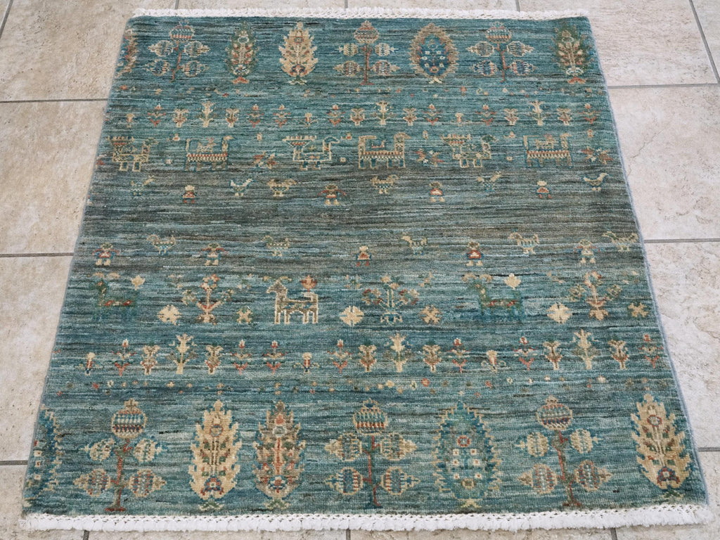3x3 Ft Cyan Serapi Rug - Hand Knotted Wool Oriental Rug - Floral Design