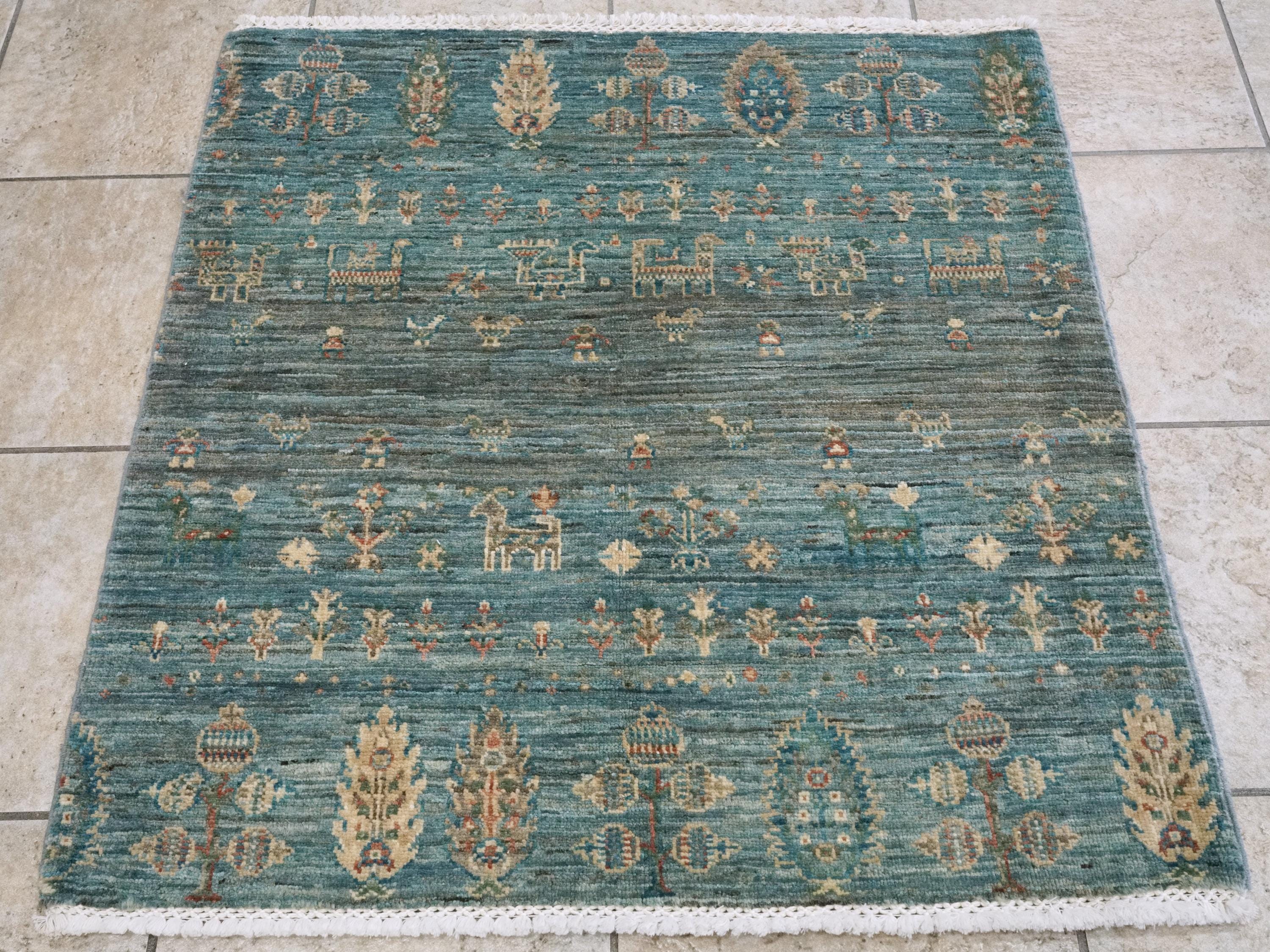 3x3 Ft Cyan Serapi Rug - Hand Knotted Wool Oriental Rug - Floral Design